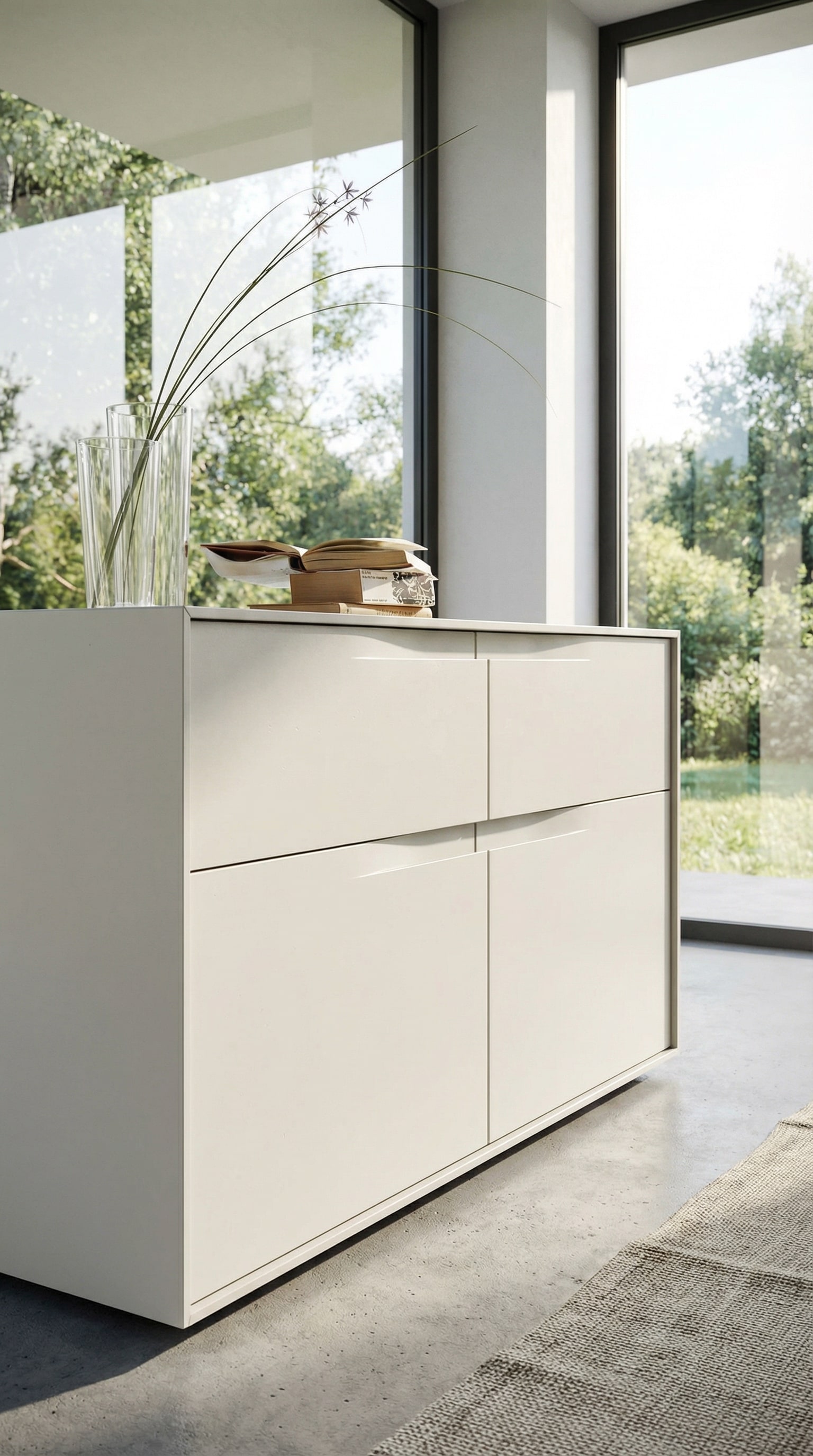 Commode de designer mate avec des fa&ccedil;ades &eacute;l&eacute;gantes et sans poign&eacute;e dans une pi&egrave;ce am&eacute;nag&eacute;e avec style.