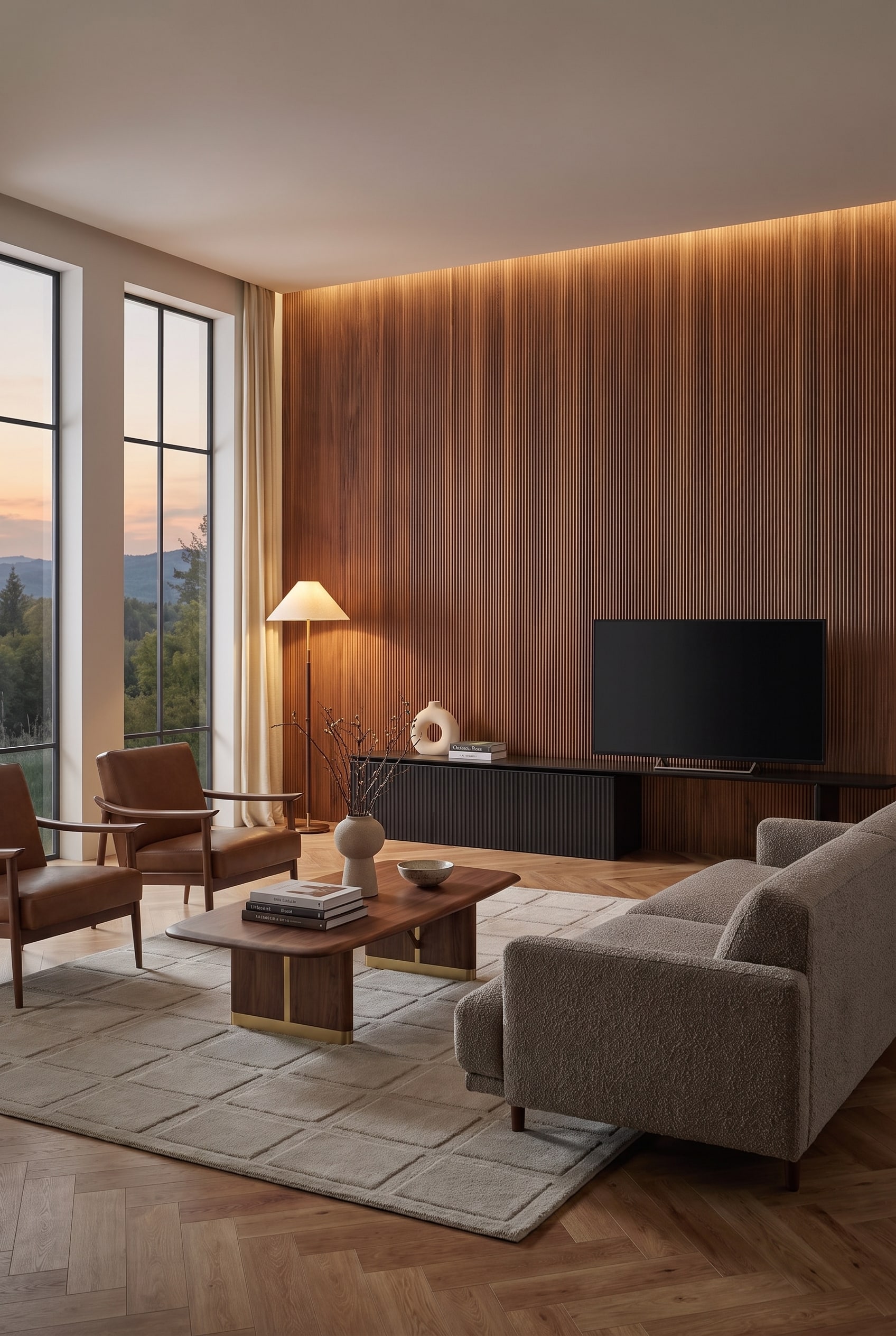 Wohnzimmer mit dunkler Holzlattenwand, schwarzem Punt Velasca Lowboard, TV-Gerät und cognacfarbenen Mid-Century-Sesseln.