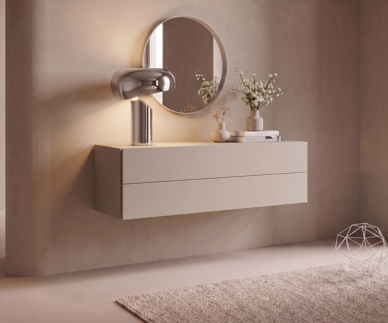 Hängekommode Novamobili Easy für den Flur, schwebendes sandfarbenes Sideboard mit 2 Schubladen im modernen Design.