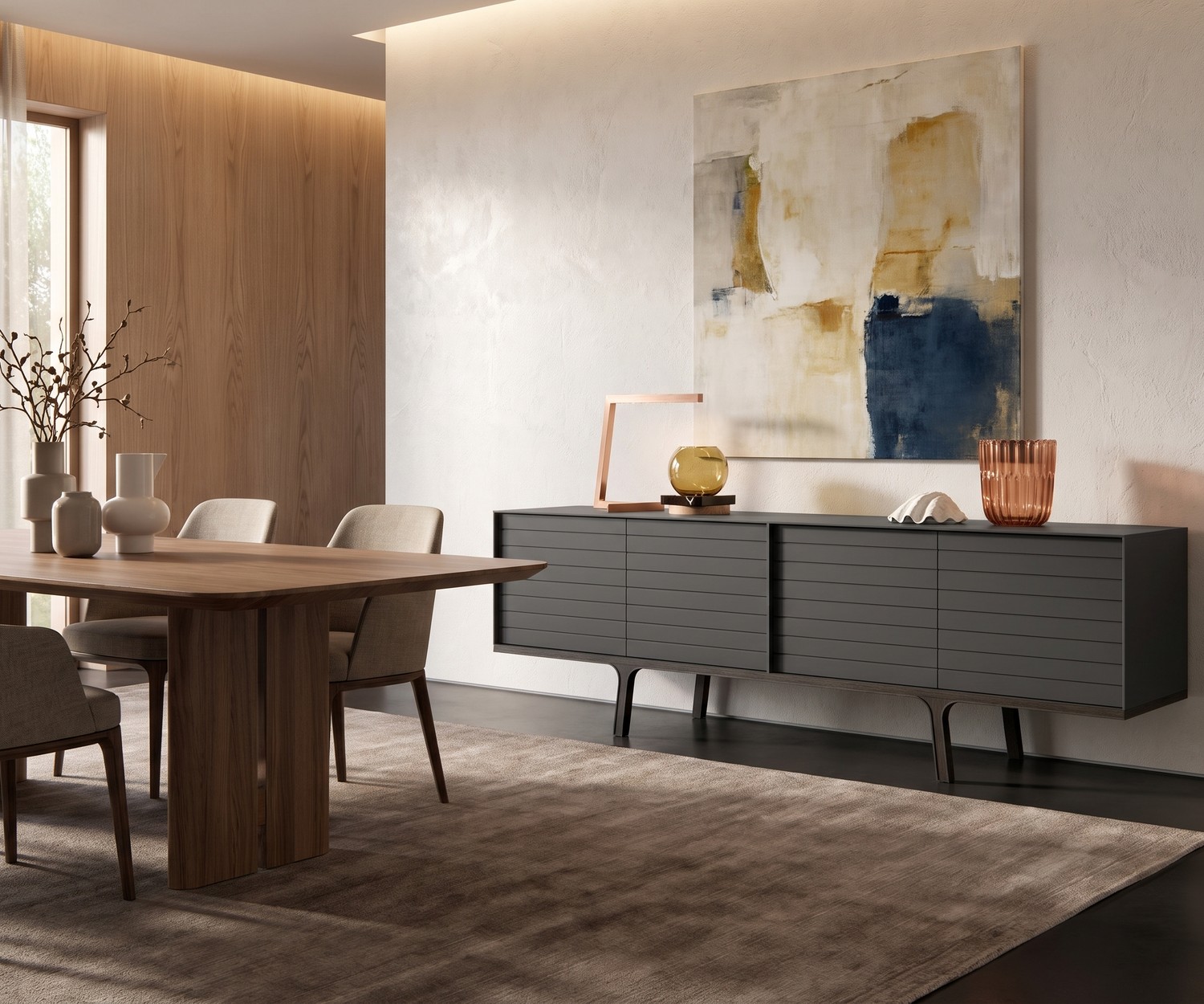 al2 Mobius 002 Sideboard fürs Wohnzimmer in Dunkelgrau mit Holzbeinen, minimalistische Dekoration und abstraktes Bild.