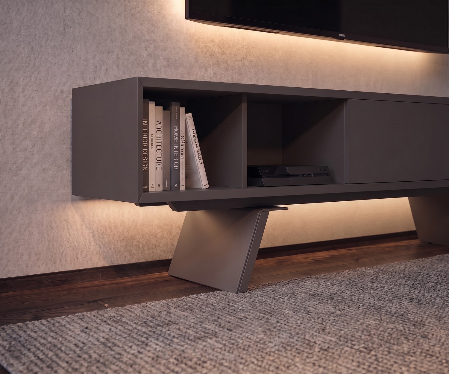 Meuble TV bas al2 e-klipse 005 pour salon en gris mat avec éclairage LED, compartiments ouverts et design moderne.