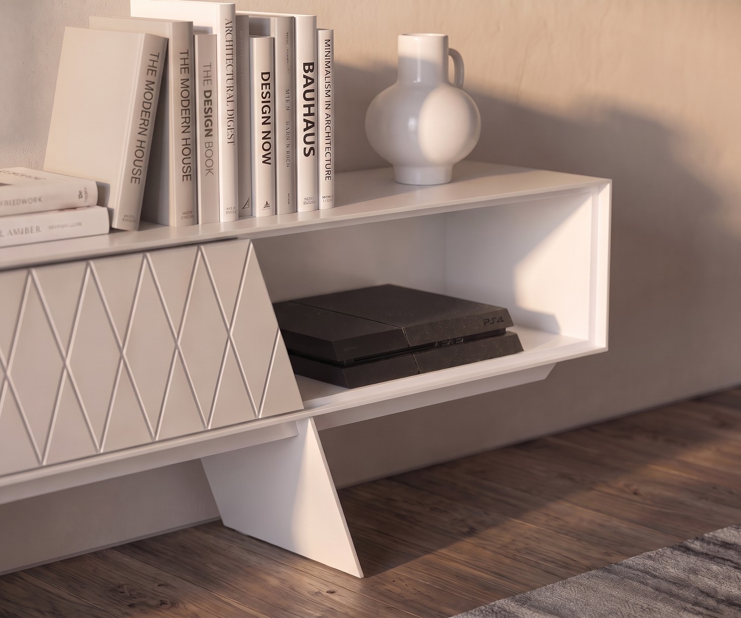 Meuble TV bas blanc avec motif à losanges Meuble TV bas al2 e-klipse 008 blanc pour salon, avec motif à losanges géométrique et niche ouverte pour console.