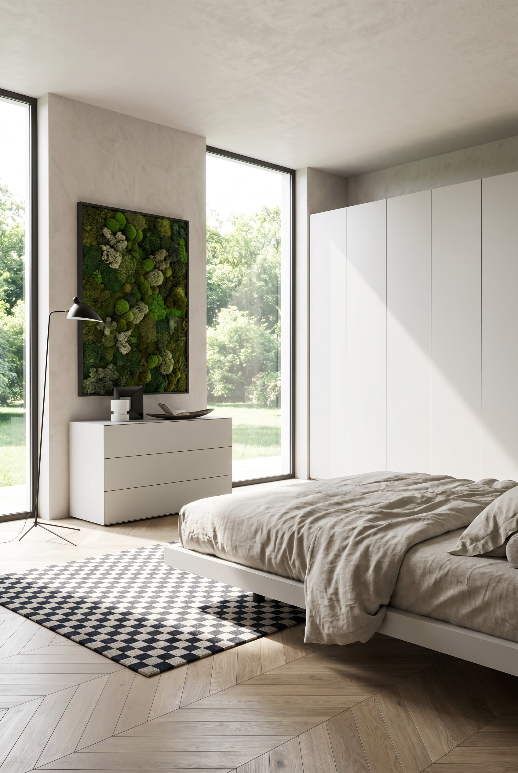 Minimalistisches Schlafzimmer mit griffloser wei&szlig;er Kommode, dar&uuml;ber ein rechteckiges Moosbild und eine schlichte Stehlampe