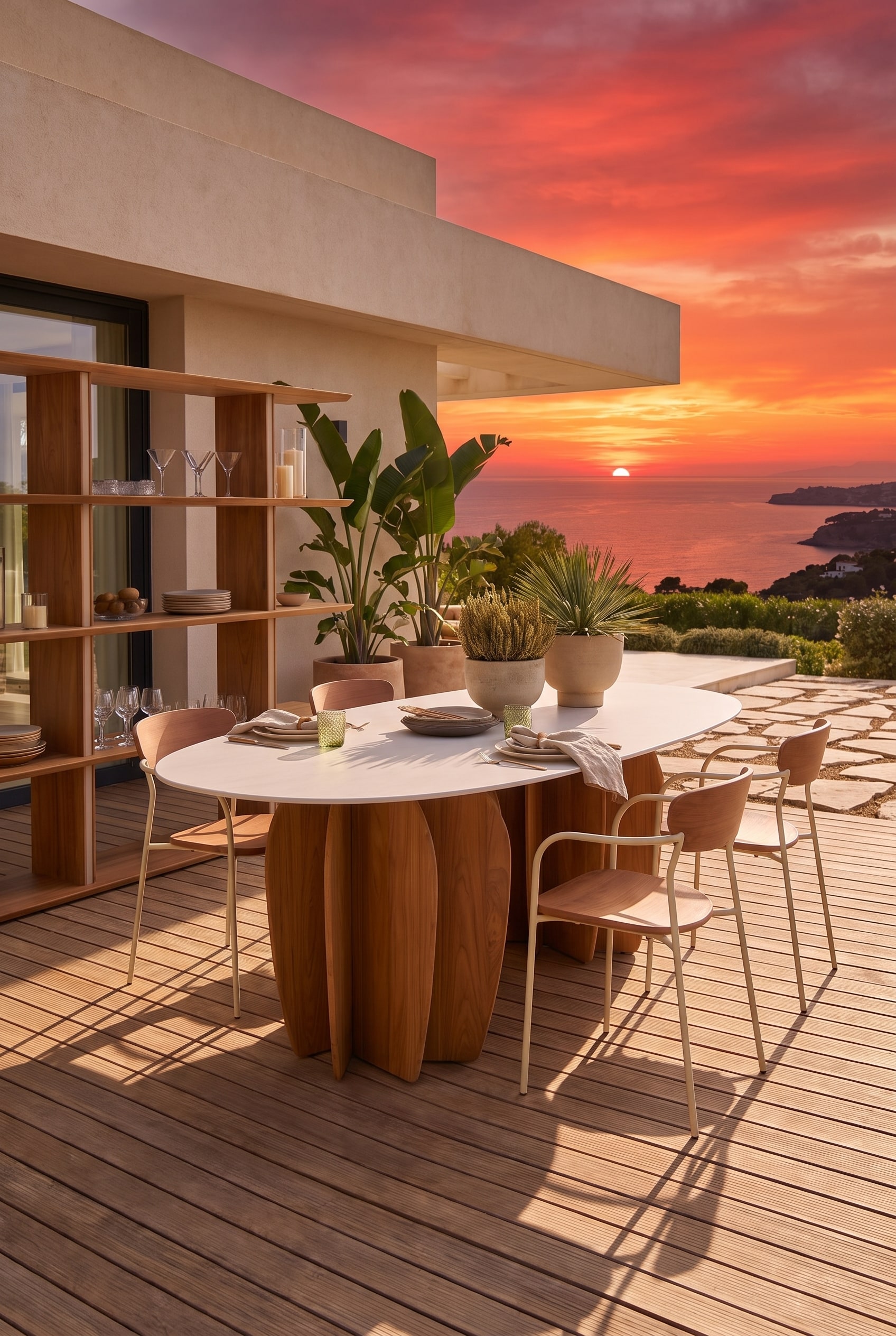 Terrasse en bois en d&eacute;but de soir&eacute;e avec une &eacute;l&eacute;gante table &agrave; manger d'ext&eacute;rieur ovale, dont les pieds distinctifs en teck sont &eacute;clair&eacute;s par la chaude lumi&egrave;re du contre-jour