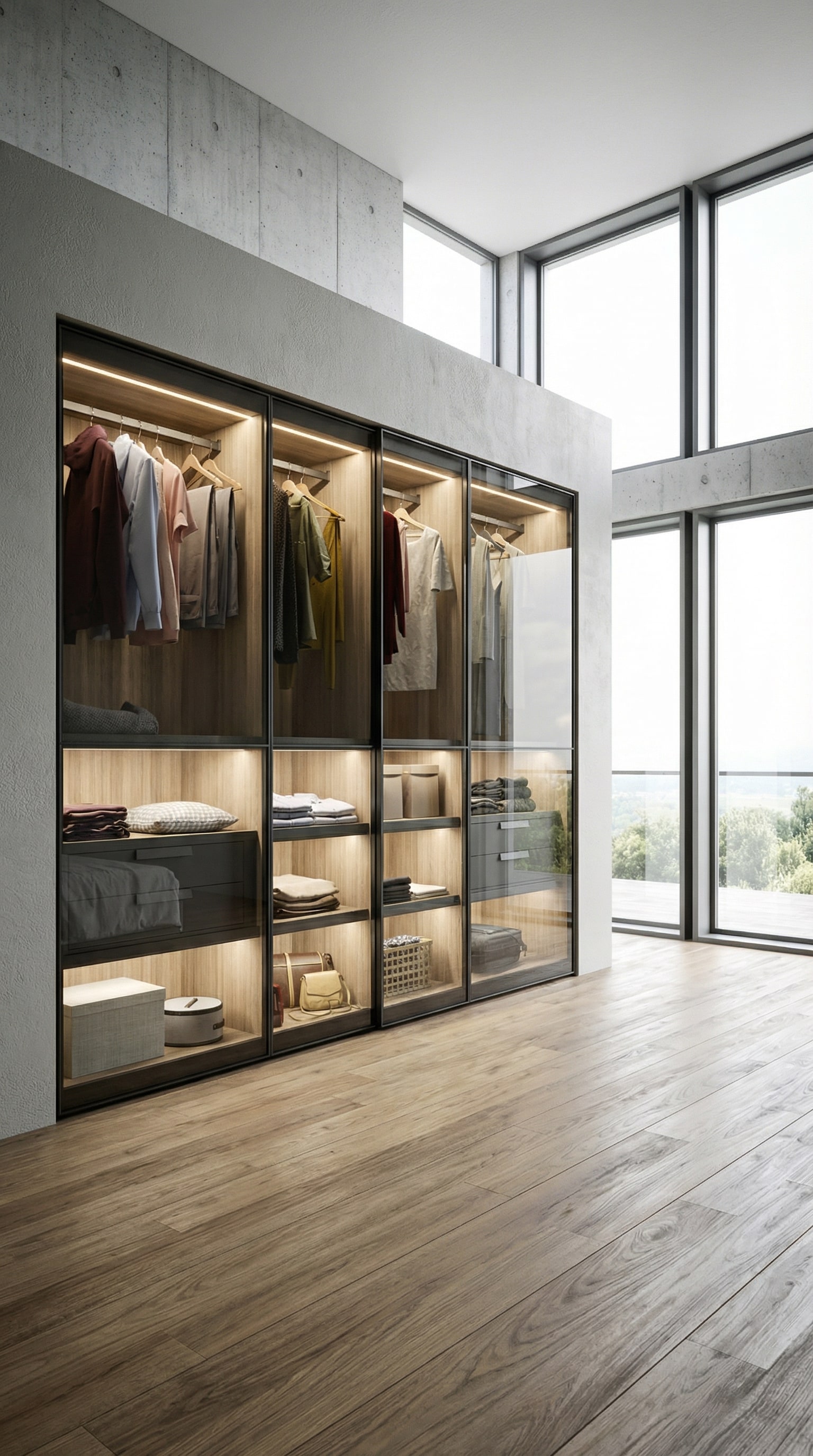 Luxuriöses Schlafzimmer mit dem beleuchteten Novamobili Kleiderschrank Layer, dessen Rauchglastüren eine elegante Boutique-Atmosphäre schaffen. Luxuriöses Schlafzimmer mit dem beleuchteten Novamobili Kleiderschrank Layer, dessen Rauchglastüren eine elegante Boutique-Atmosphäre schaffen.