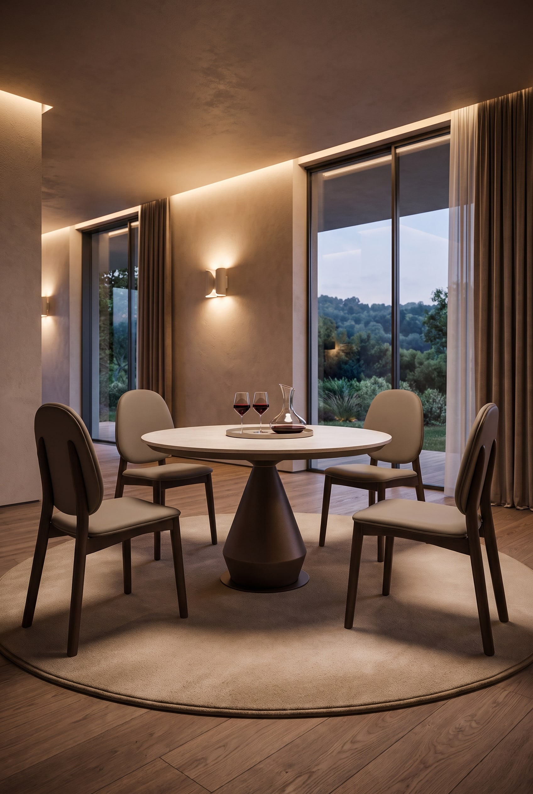 Table à manger ronde extensible Ozzio Lycos avec plateau en céramique, quatre chaises arrondies et un tapis élégant
