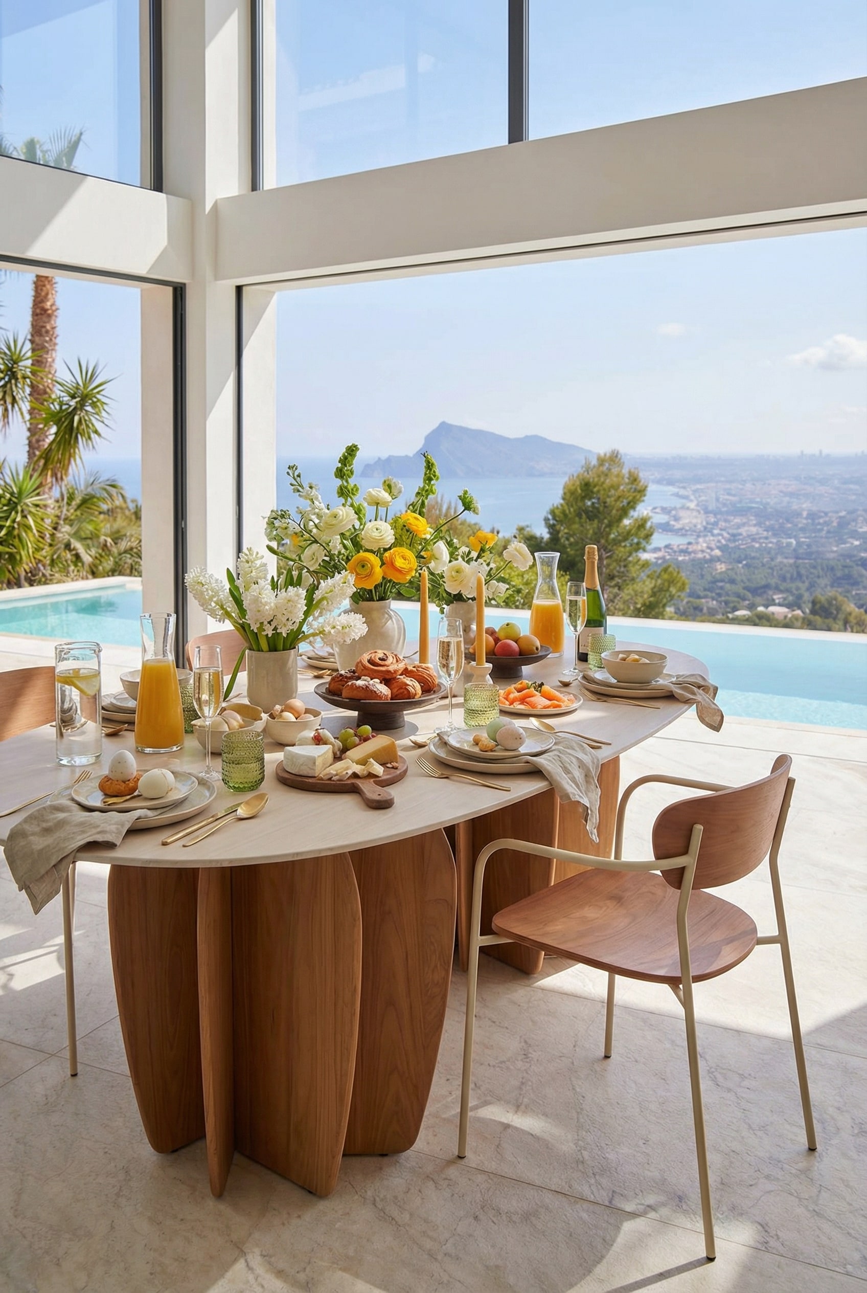Table à manger d'extérieur avec des formes organiques et des éléments en bois Table à manger d'extérieur avec des formes organiques et des éléments en bois