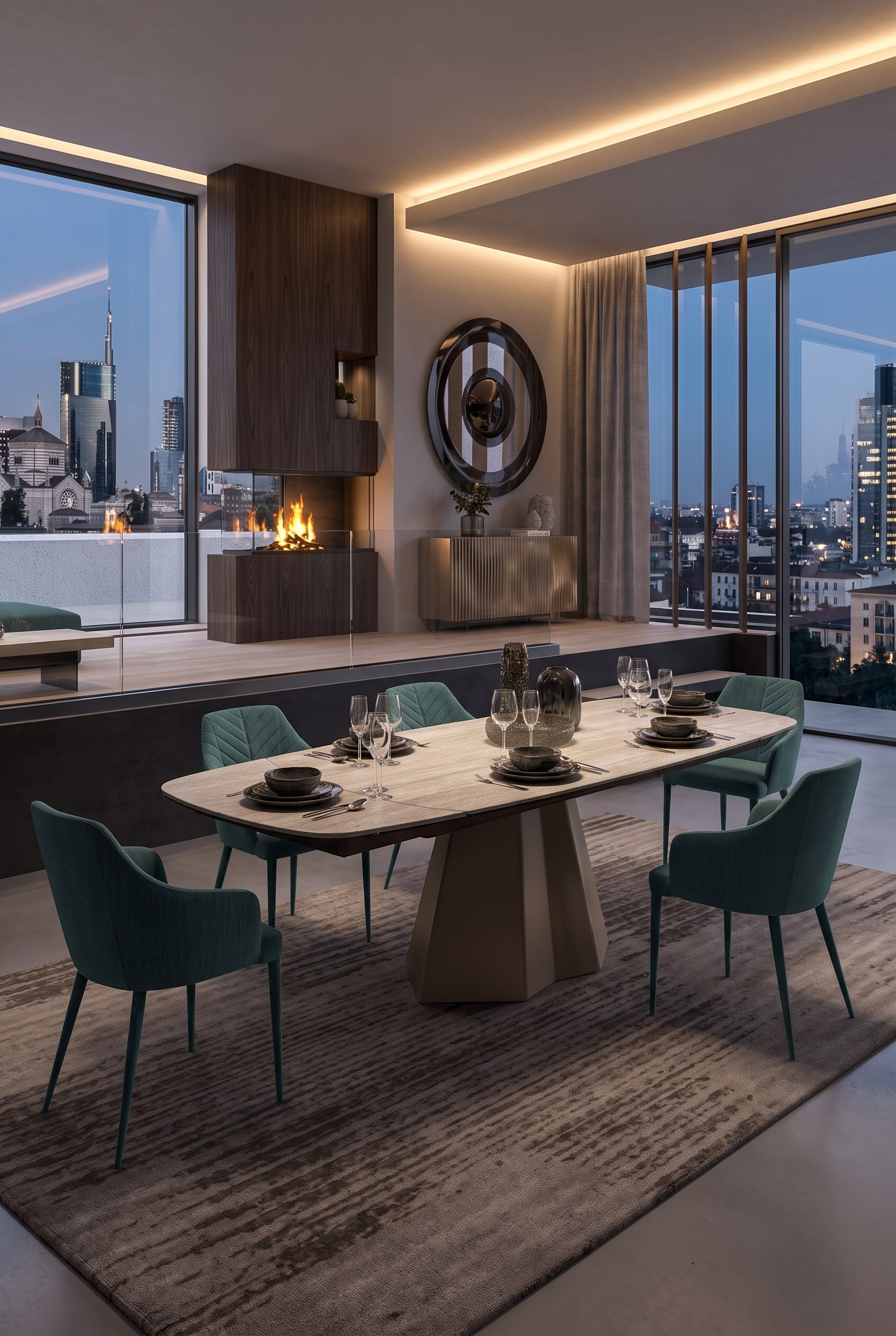 Salle à manger ouverte avec une table extensible aspect pierre, un pied en métal asymétrique et quatre chaises rembourrées couleur pétrole