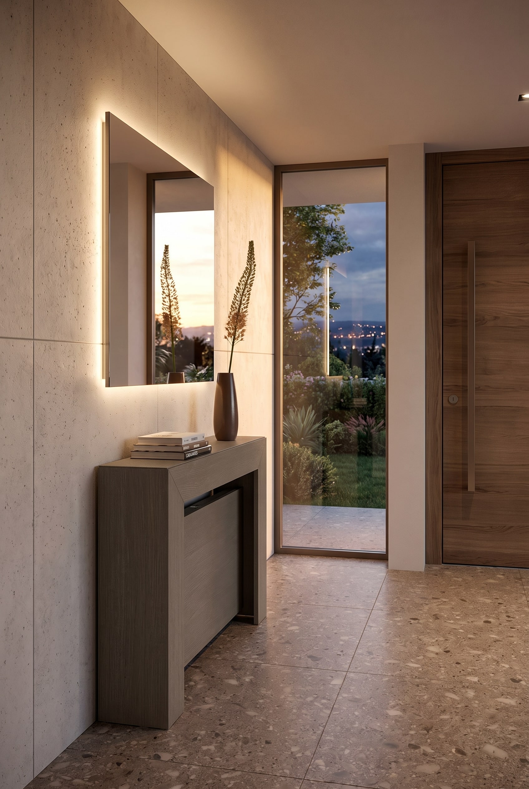 Couloir tr&egrave;s &eacute;troit avec une console extr&ecirc;mement plate et un grand miroir mural
