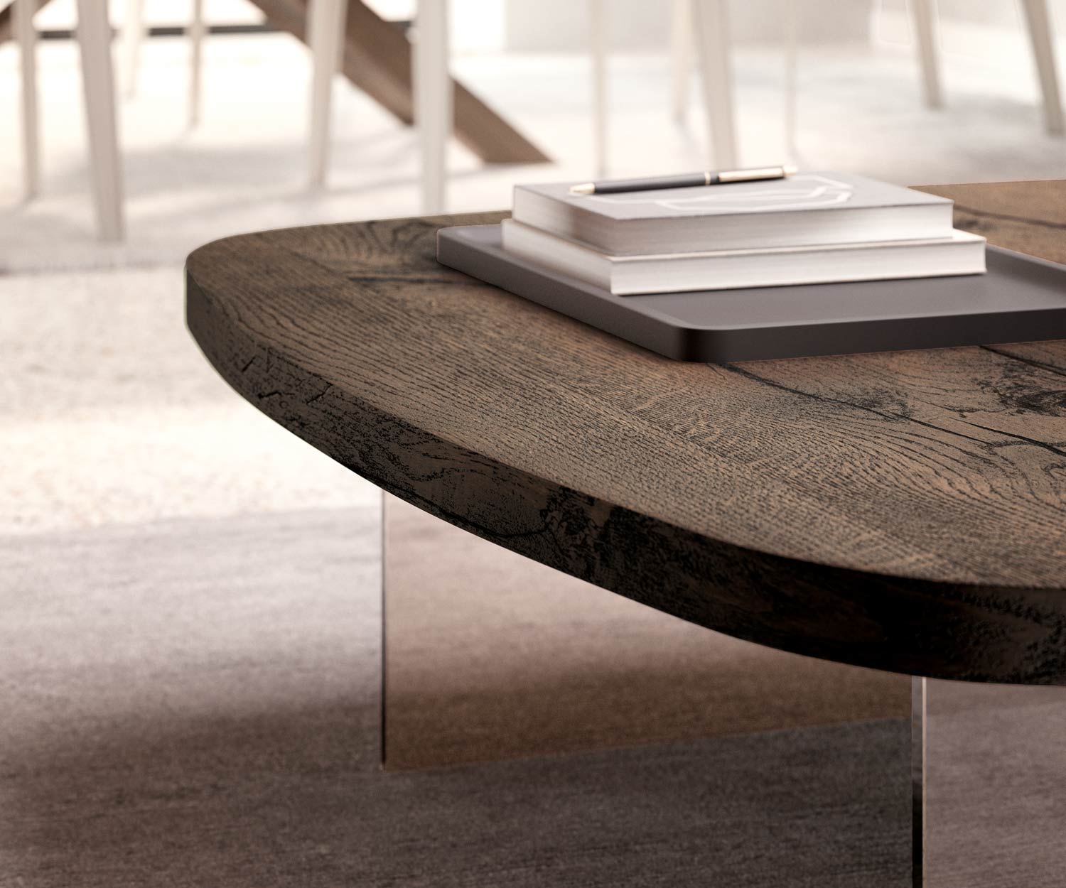 Table basse design moderne pieds en verre chêne clair plateau naturel