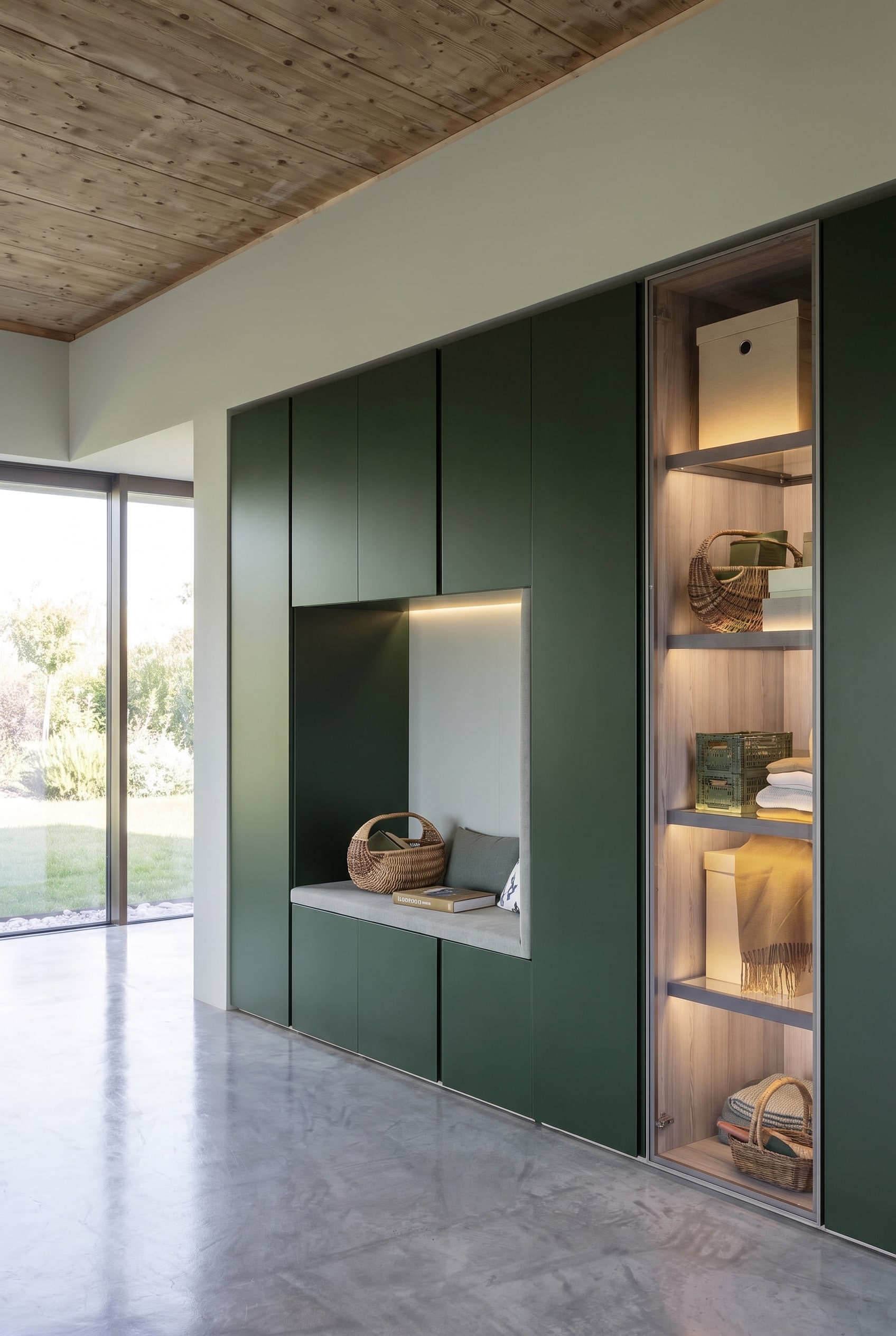 Armoire verte, présentant au centre une niche ouverte avec une banquette rembourrée grise et des coussins confortables
