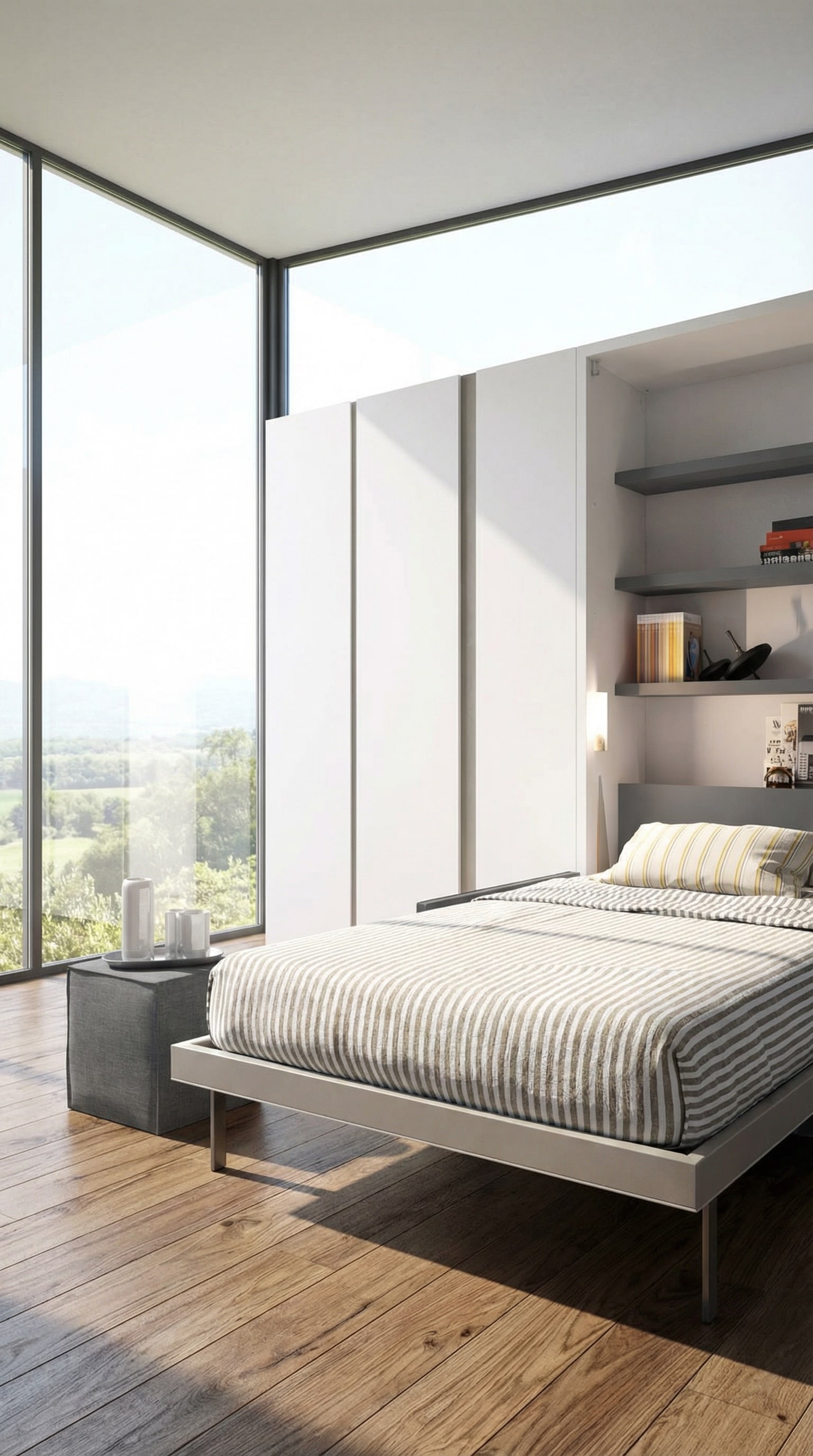 Lit escamotable compact Clei Altea, intégré sans couture dans une étagère murale moderne dans une pièce élégante. Lit escamotable compact Clei Altea, intégré sans couture dans une étagère murale moderne dans une pièce élégante.