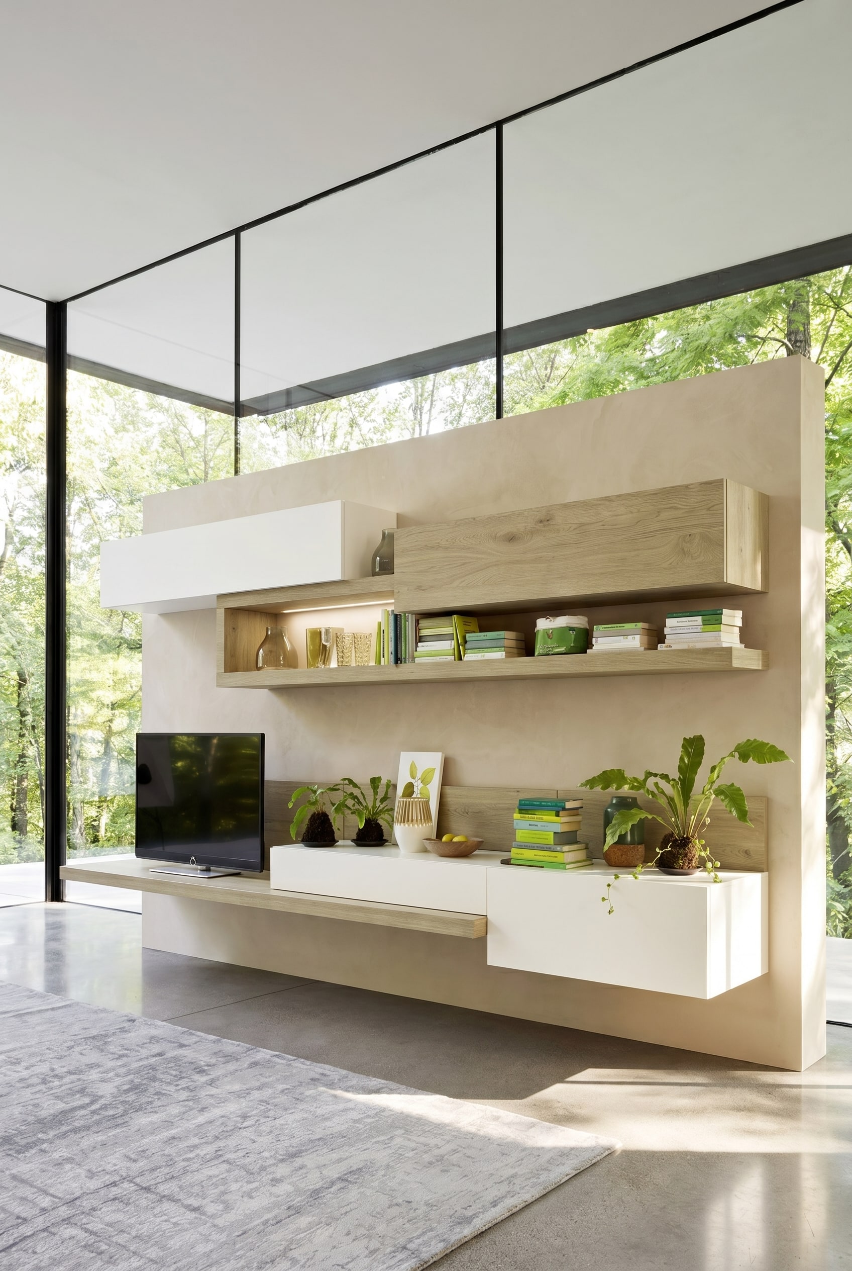 Elegante Wohnwand, die matten Lack und natürliches Echtholzfurnier perfekt kombiniert Elegante Wohnwand, die matten Lack und natürliches Echtholzfurnier perfekt kombiniert