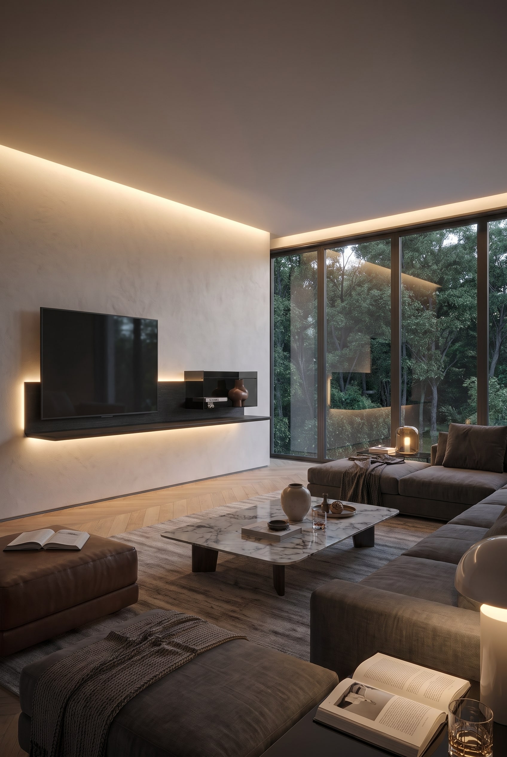 Modernes Wohnzimmer mit mattschwarzem h&auml;ngendem Lowboard, gro&szlig;formatigem Bildband und hellem Eichenparkett