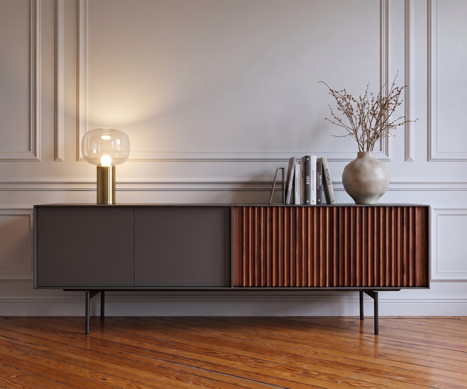 Buffet design noyer gris foncé laqué mat Portes avec technique push pull