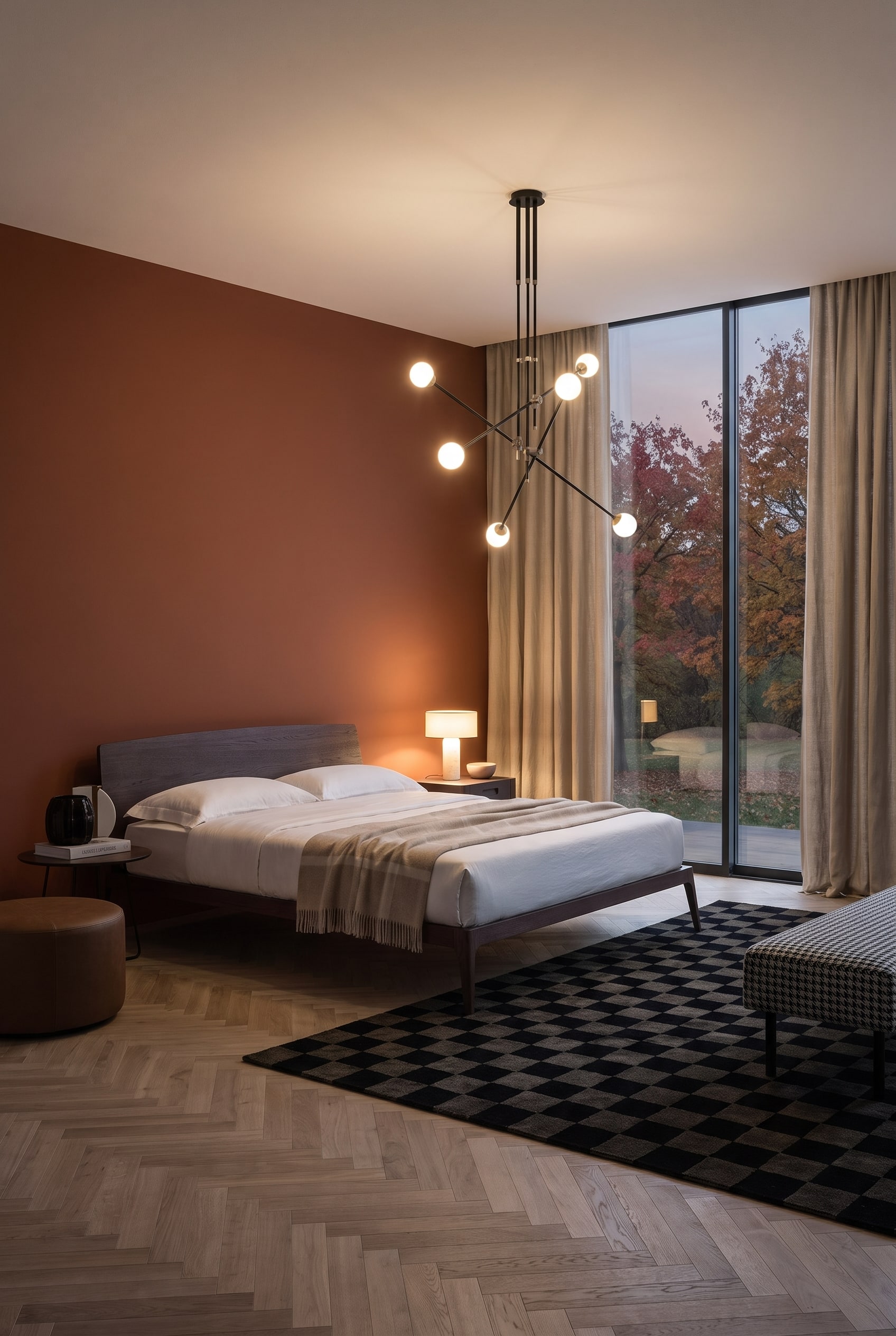 Elegantes Schlafzimmer mit Holzbett, terrakottafarbener Wand und warmwei&szlig;em Licht