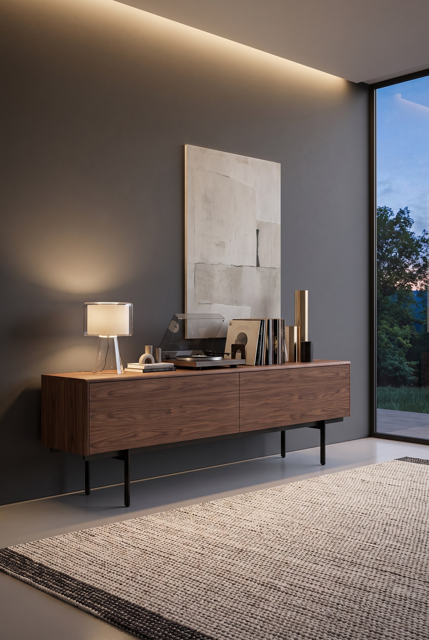 &Eacute;l&eacute;gant buffet en noyer avec un veinage de bois marqu&eacute;, plac&eacute; devant un mur uni et sombre, d&eacute;cor&eacute; d'accessoires en pierre naturelle et verre fum&eacute;