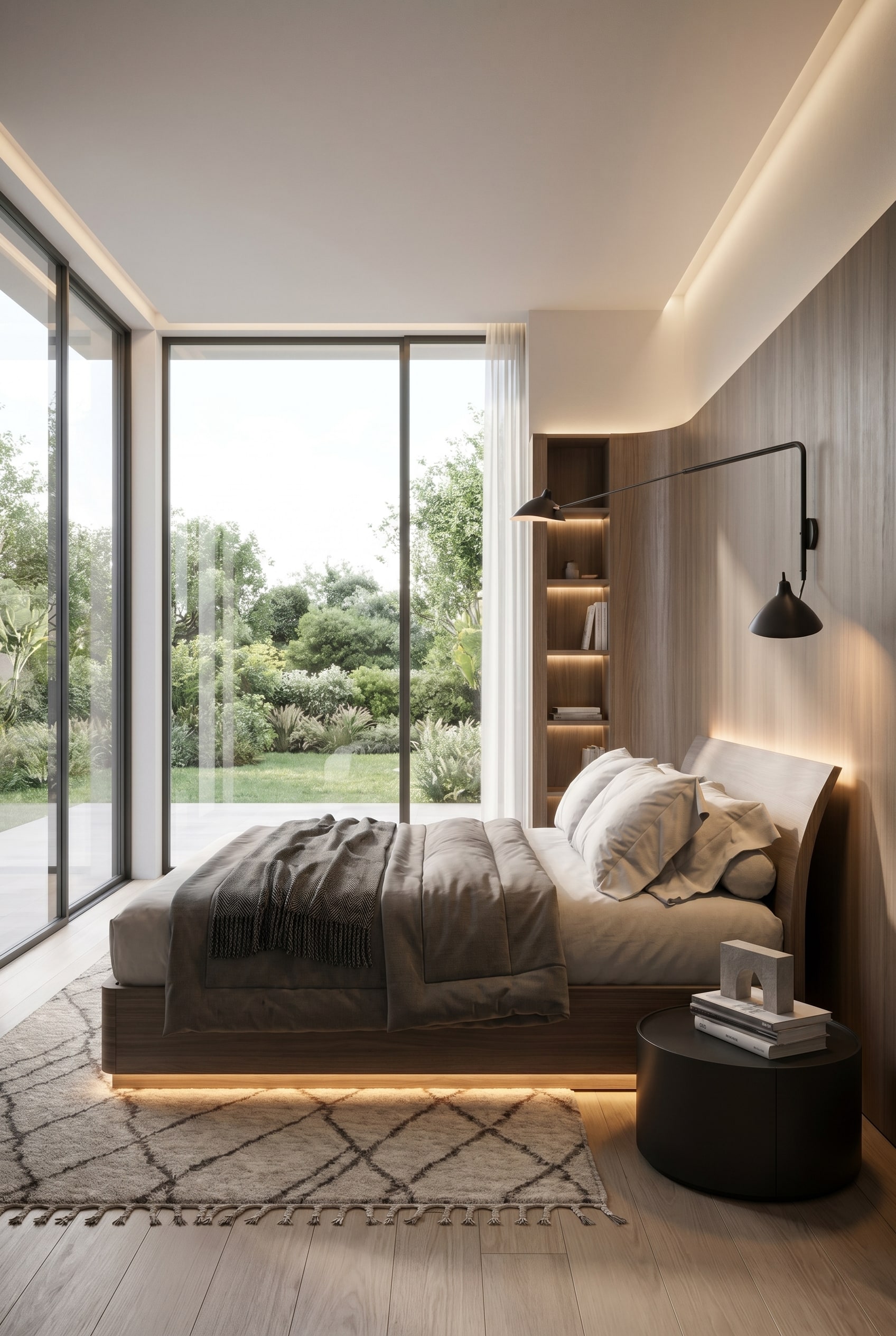 Chambre confortable avec le lit en bois Bend avec t&ecirc;te de lit incurv&eacute;e et lumi&egrave;re douce en d&eacute;grad&eacute;