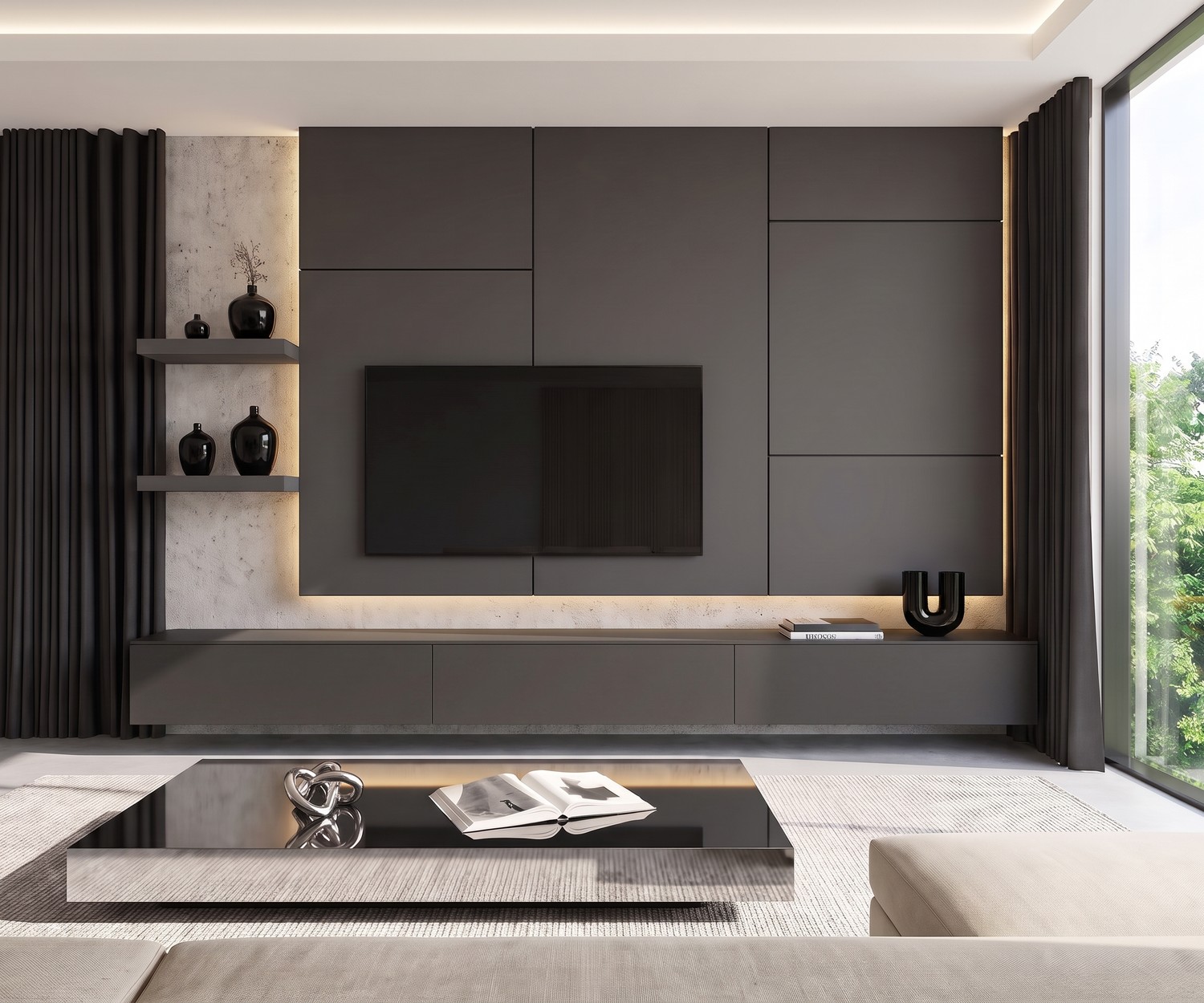Meuble TV mural moderne Livitalia C102 Meuble TV mural Livitalia C102 avec banc suspendu et panneau TV. Ensemble média moderne gris anthracite avec éclairage LED.