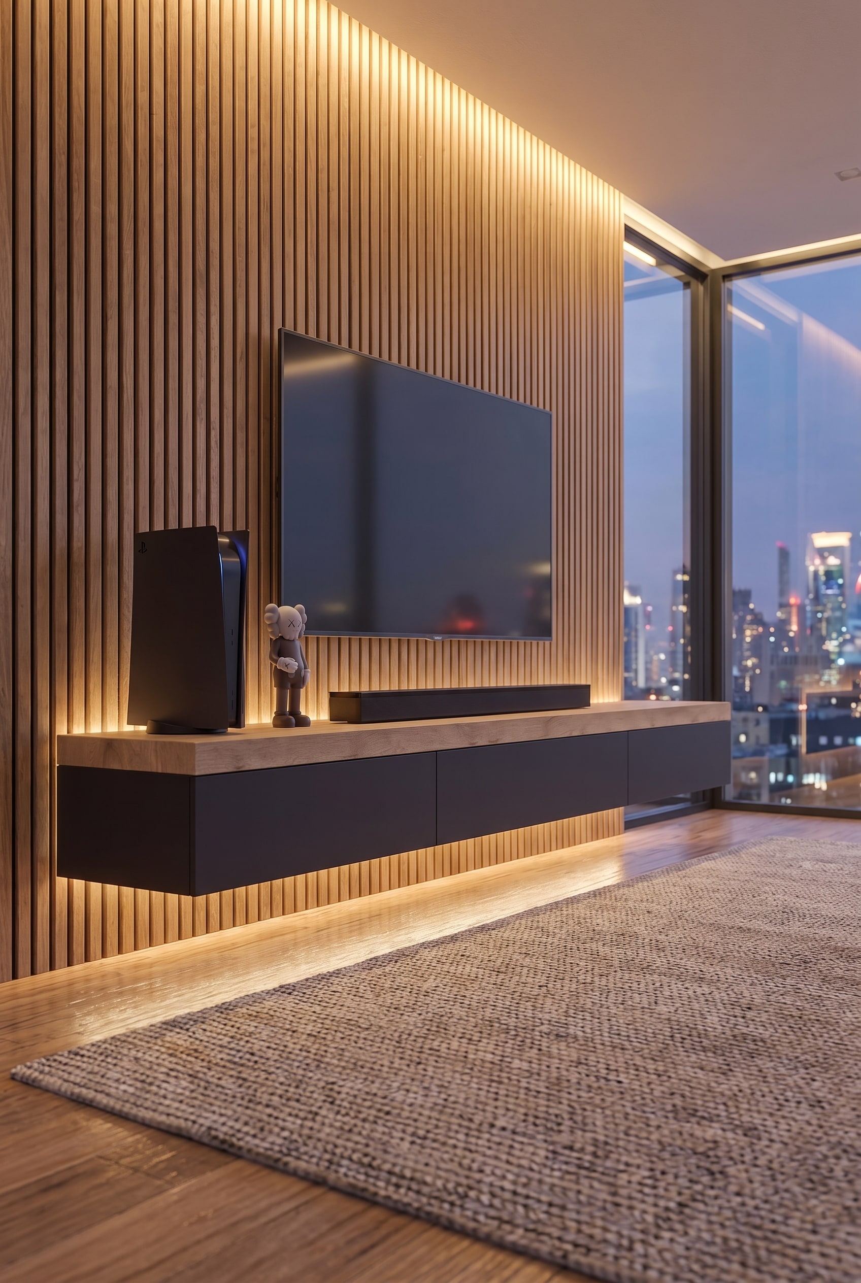 Un large lowboard avec un plateau &eacute;pais se dresse devant un mur TV &eacute;clair&eacute; indirectement par des panneaux acoustiques et assure un ancrage visuel