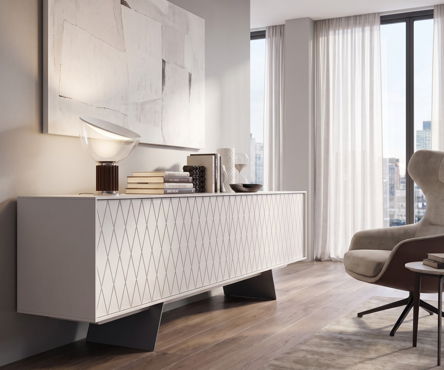 Design Sideboard e-klipse 003 im Wohnzimmer, weiße Kommode mit Rautenmuster für Stauraum, moderner eleganter Stil.