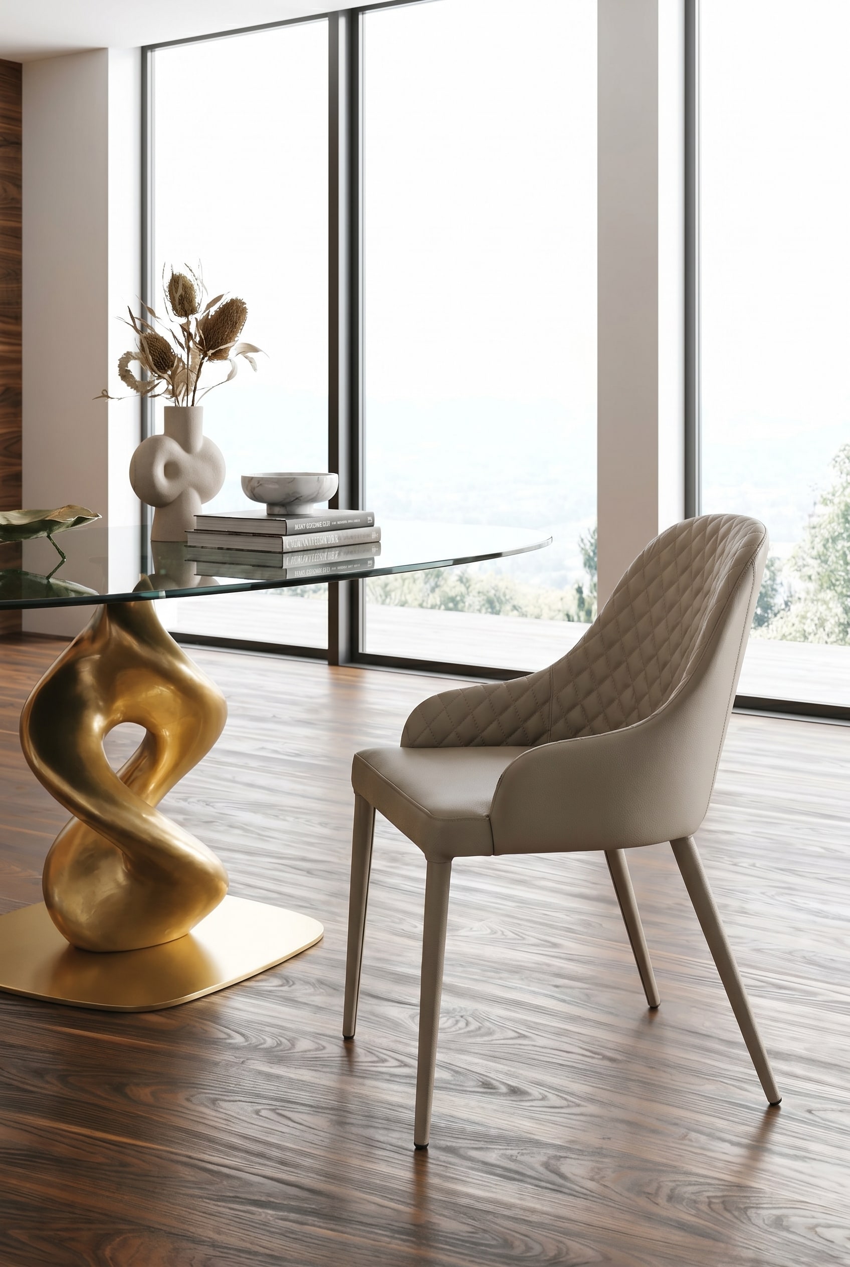 Salle &agrave; manger italienne avec chaise Ozzio Betta en cuir beige matelass&eacute; &agrave; motifs losanges, table en verre sur parquet chaleureux