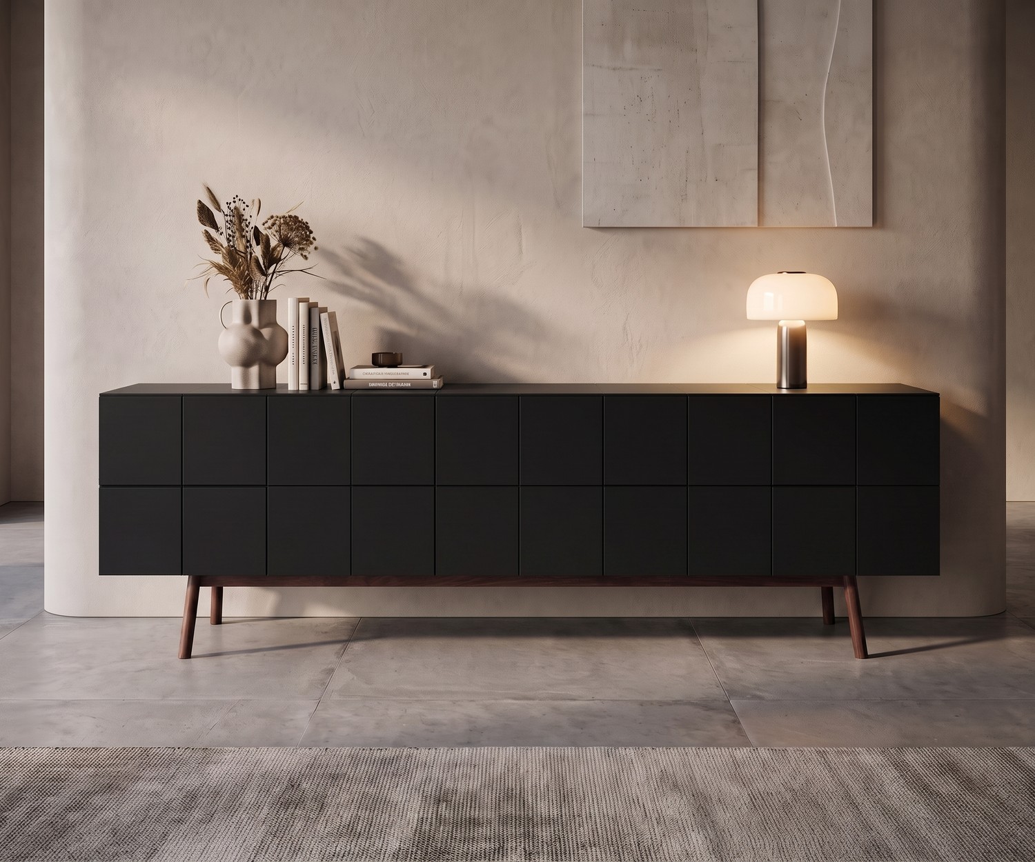 al2 Sideboard MOS-I-KO 003 B für das Wohnzimmer, matt schwarzes Designer-Möbel mit Holzbeinen im minimalistischen Raum.