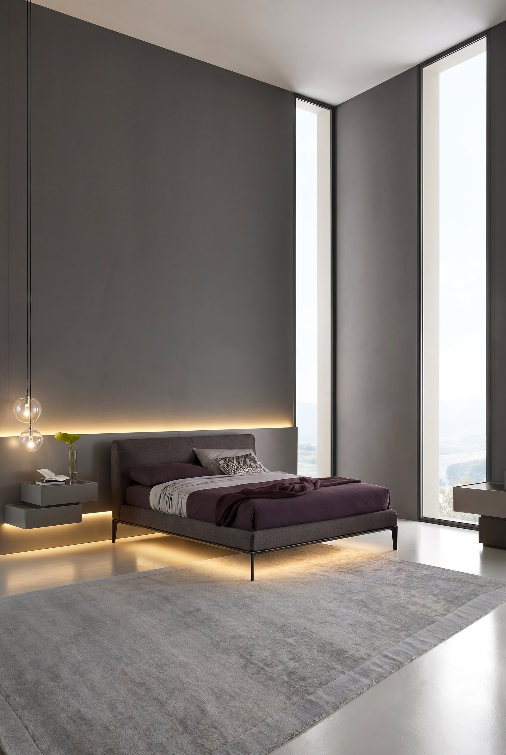Chambre moderne gris fonc&eacute; avec le lit Dorian et des tables de chevet flottantes, soulign&eacute;es par une bande lumineuse continue