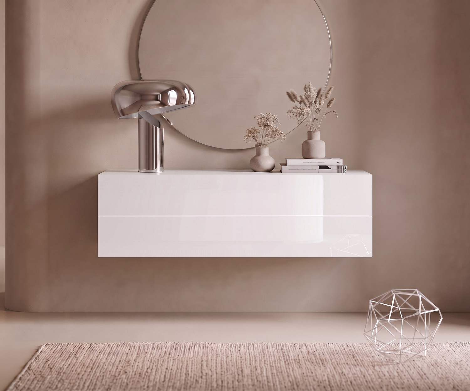 Commode suspendue Novamobili Easy blanche Commode suspendue Easy de Novamobili, meuble de rangement blanc flottant dans un hall minimaliste avec miroir rond.