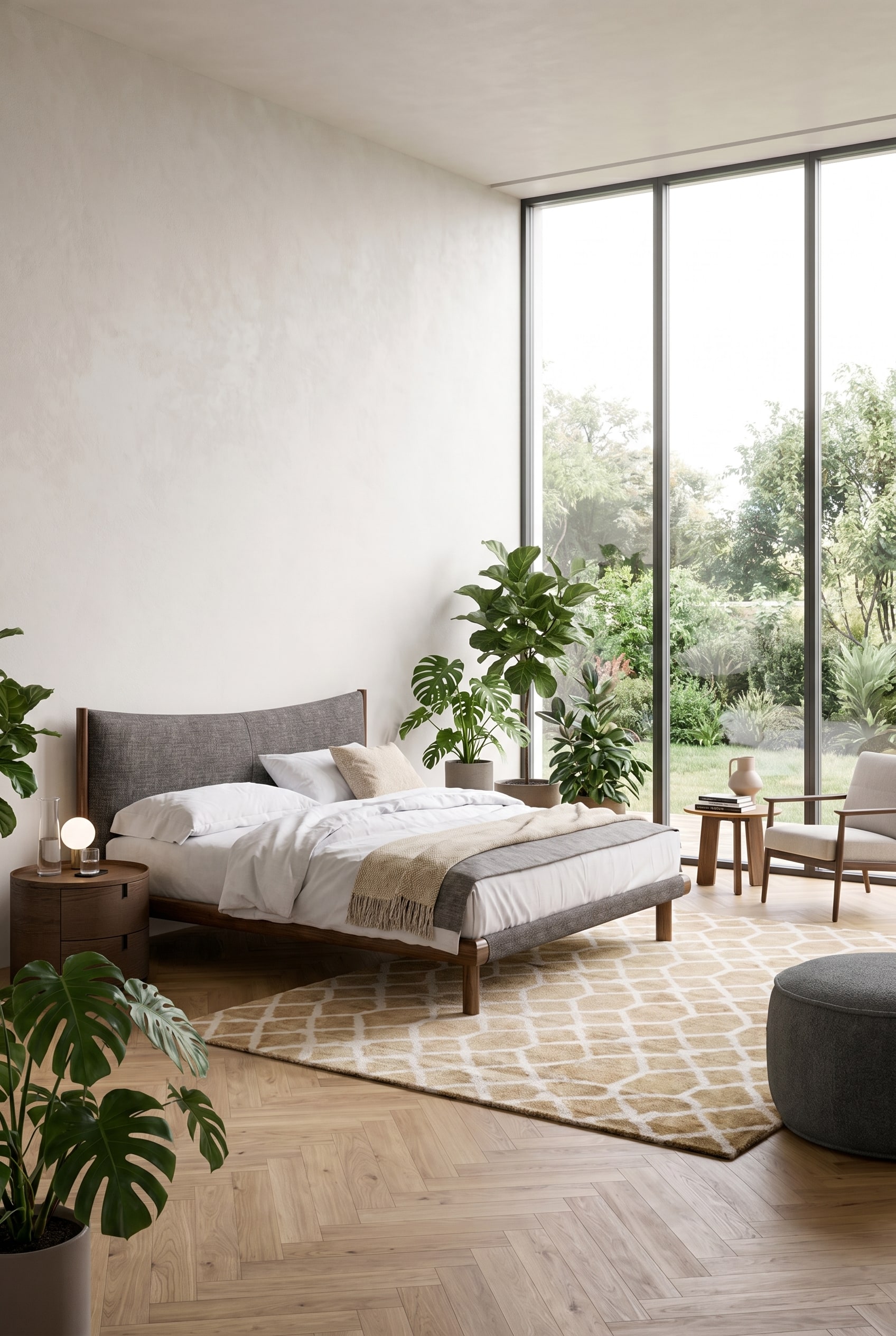 Chambre moderne dans un immeuble ancien avec lit en chêne, tête de lit rembourrée gris foncé et tables de chevet rondes