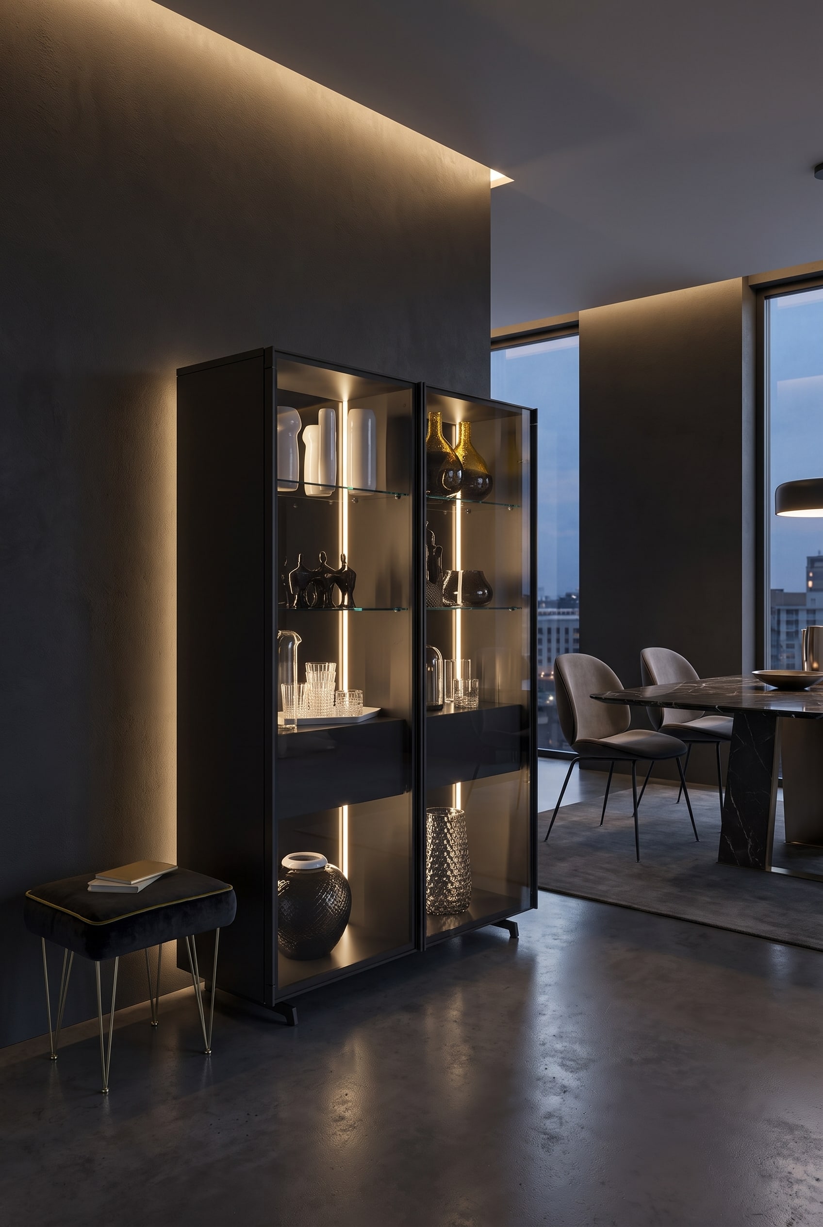 Salle à manger moderne sombre avec une élégante vitrine en verre, des compartiments éclairés, des verres et un tabouret rembourré