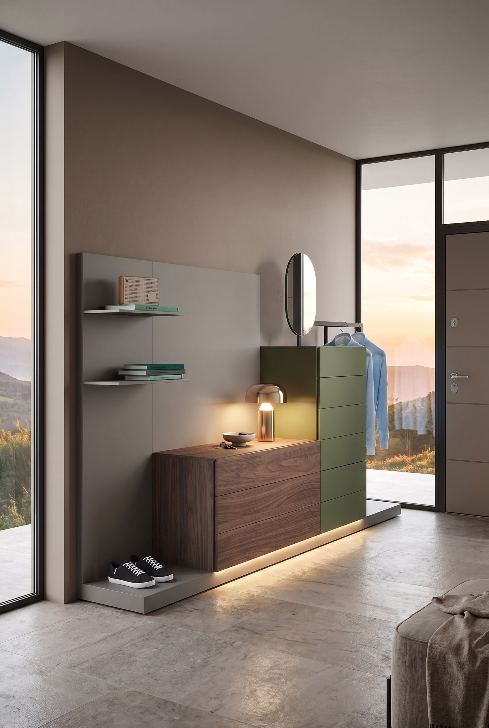 Un couloir &eacute;l&eacute;gamment am&eacute;nag&eacute; avec une commode suspendue, un panneau mural de penderie en bois et des murs dans la couleur tendance Macchiato