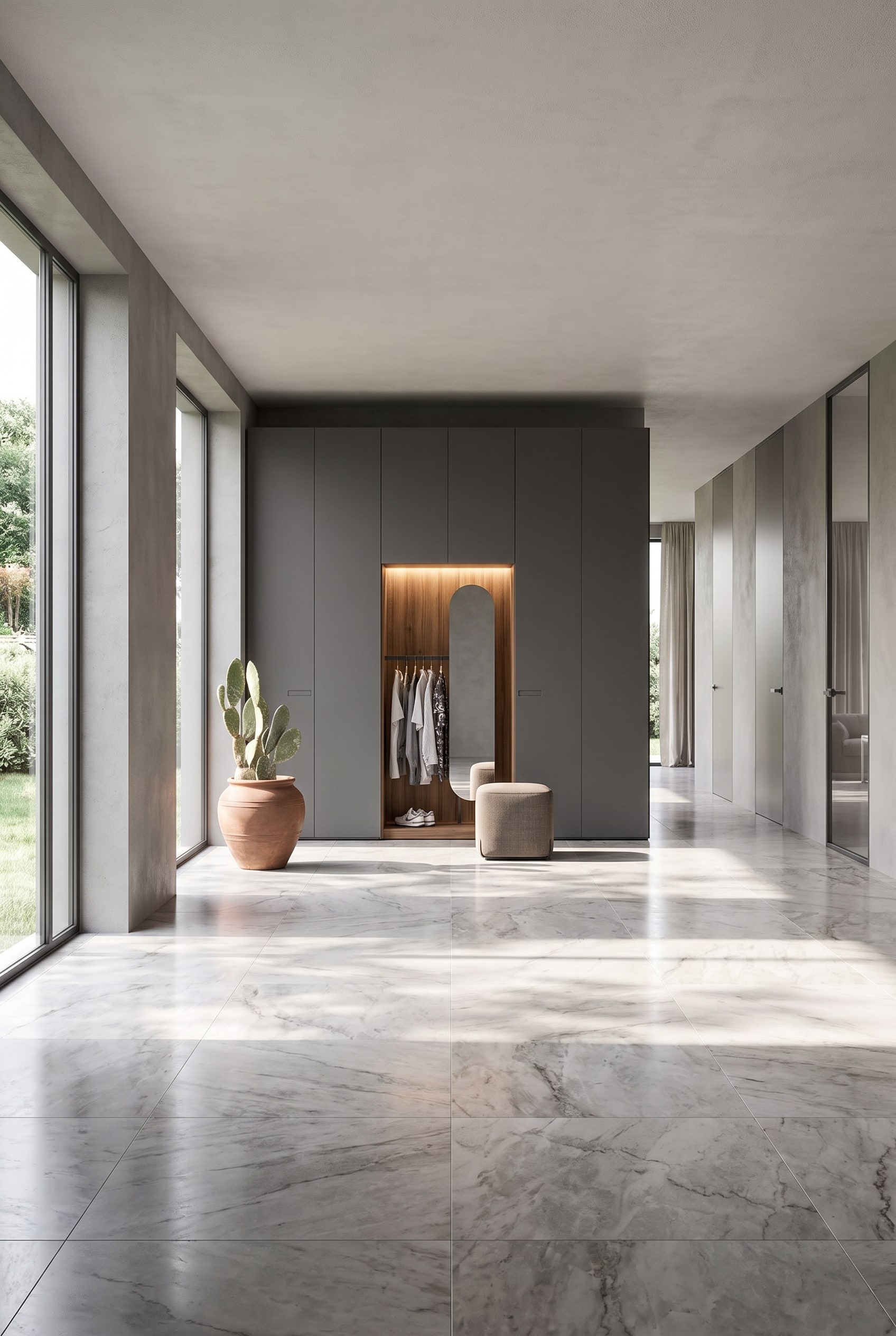 Armoire d'entr&eacute;e toute hauteur en anthracite avec une niche de vestiaire ouverte, rev&ecirc;tue de bois, un miroir et un tabouret rembourr&eacute; int&eacute;gr&eacute;