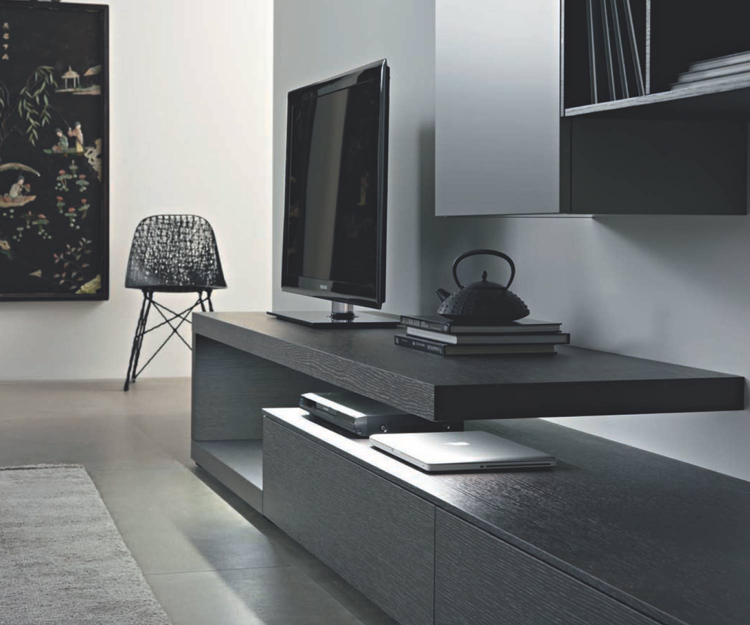 Moderne Design Wohnwand C99 mit Carbone Eiche und schwebenden TV Board