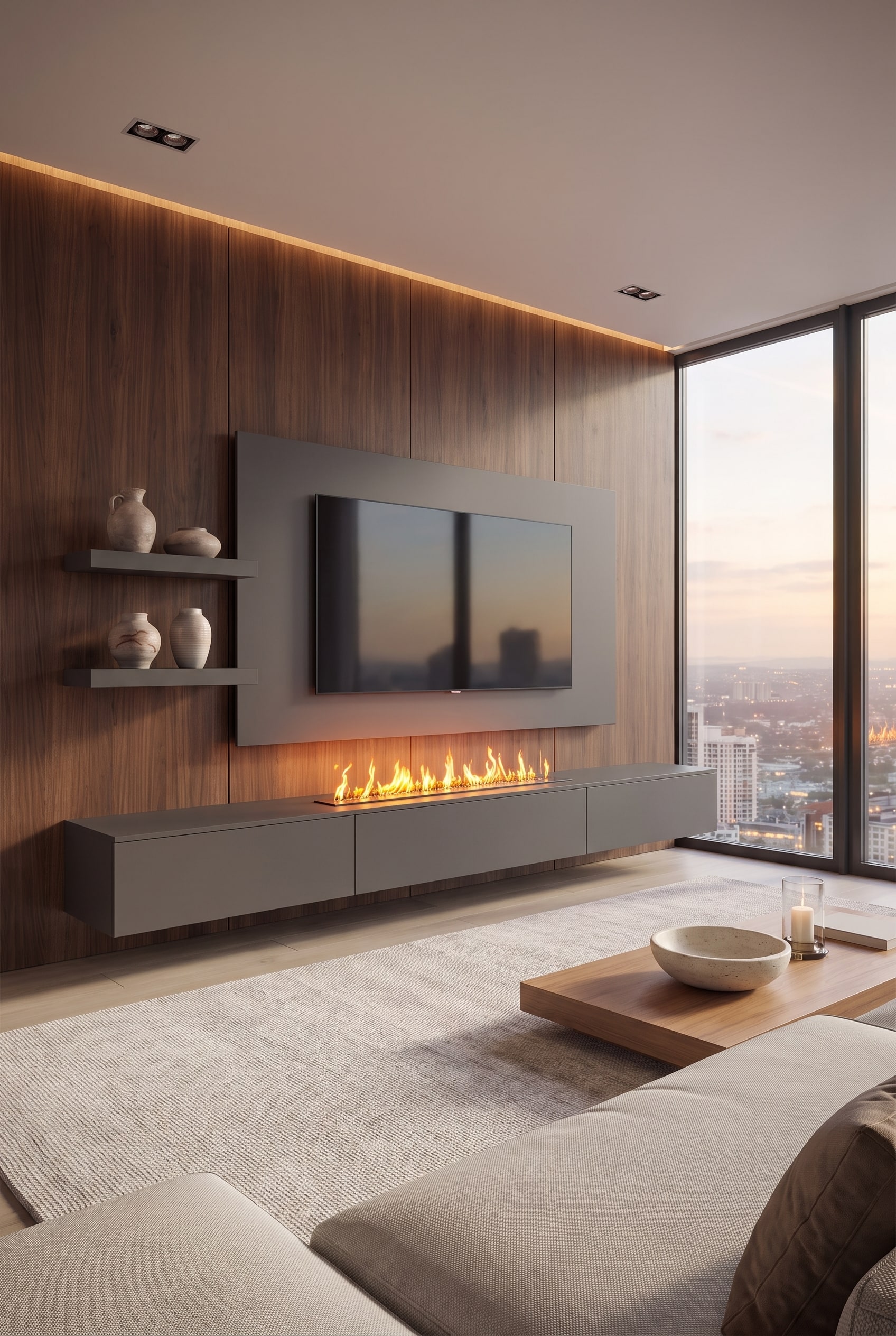 Meuble TV moderne avec chemin&eacute;e int&eacute;gr&eacute;e et panneau en bois pleine surface en noyer fonc&eacute;, dissimulant astucieusement la technologie et les c&acirc;bles.