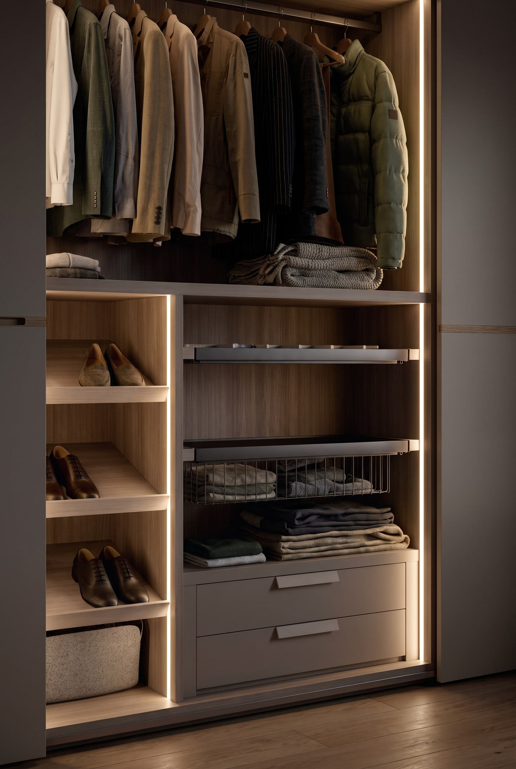 Intérieur d'armoire moderne avec cloison verticale en bois foncé et bande lumineuse LED continue sous la lumière d'automne