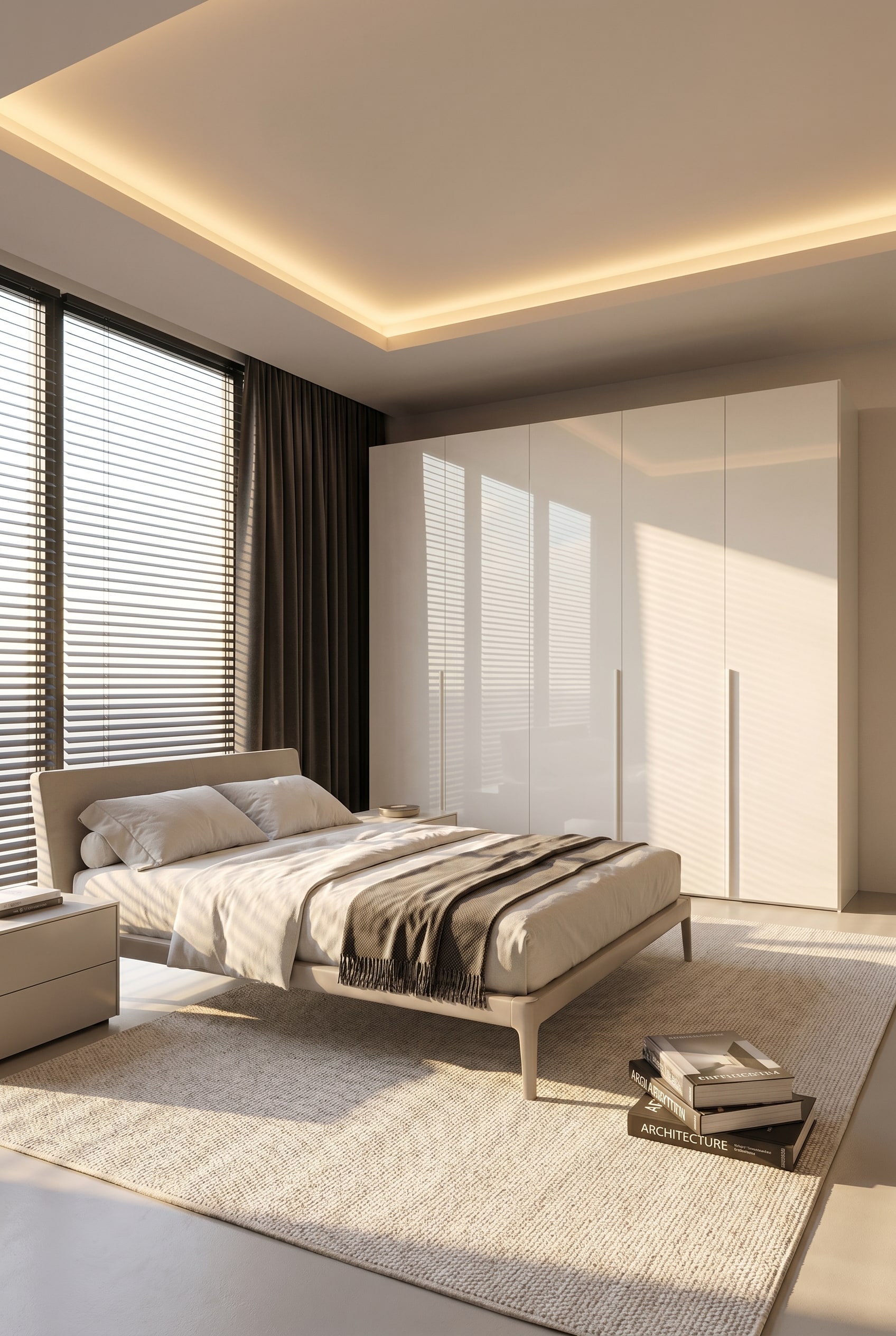 Chambre lumineuse avec une armoire claire à portes battantes en verre transparent, soleil du matin et un tapis en laine noble