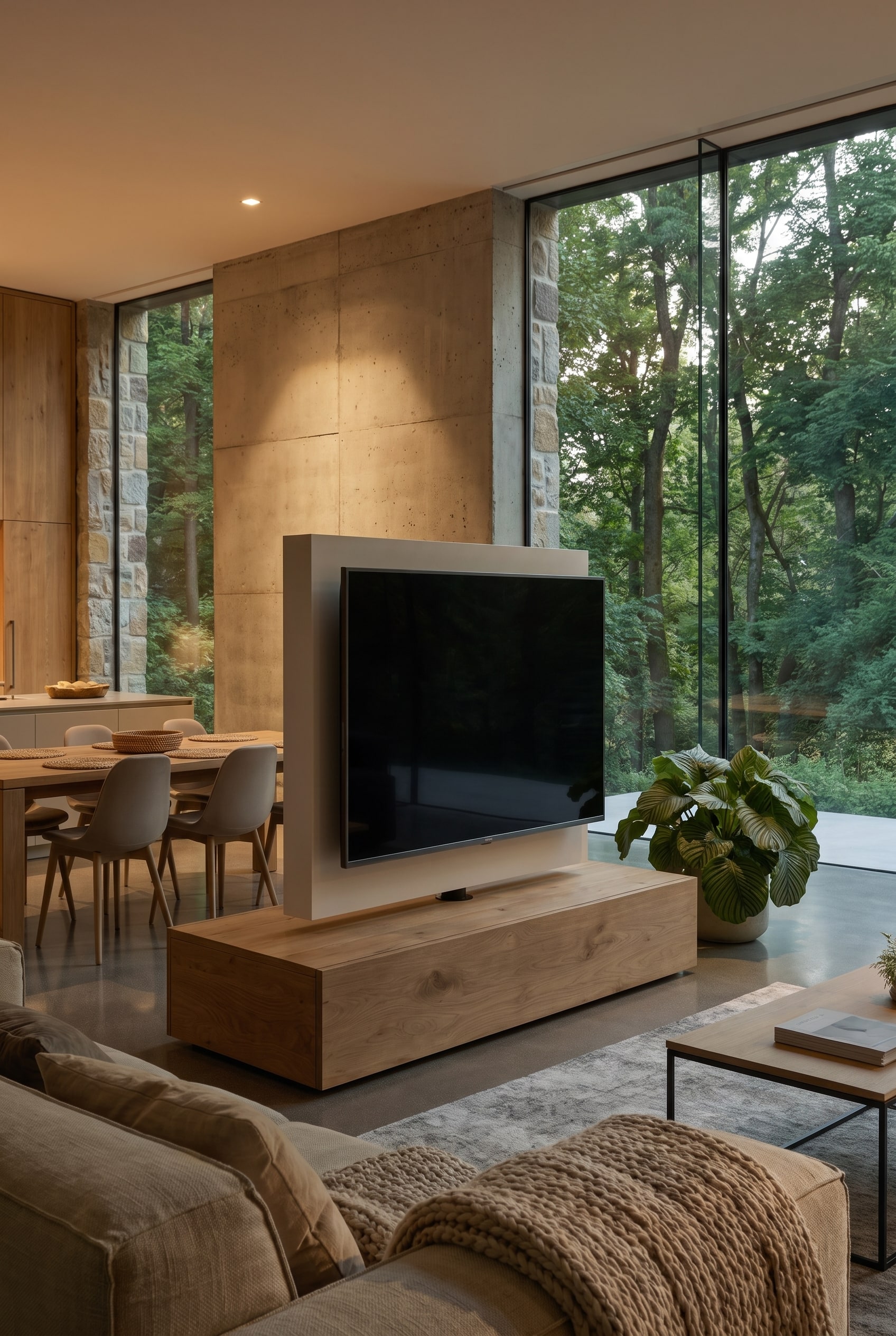 Un meuble bas Livitalia Roto clair en bois de frêne comme élégant séparateur de pièce avec un panneau TV autoportant et pivotant dans un salon moderne et puriste.