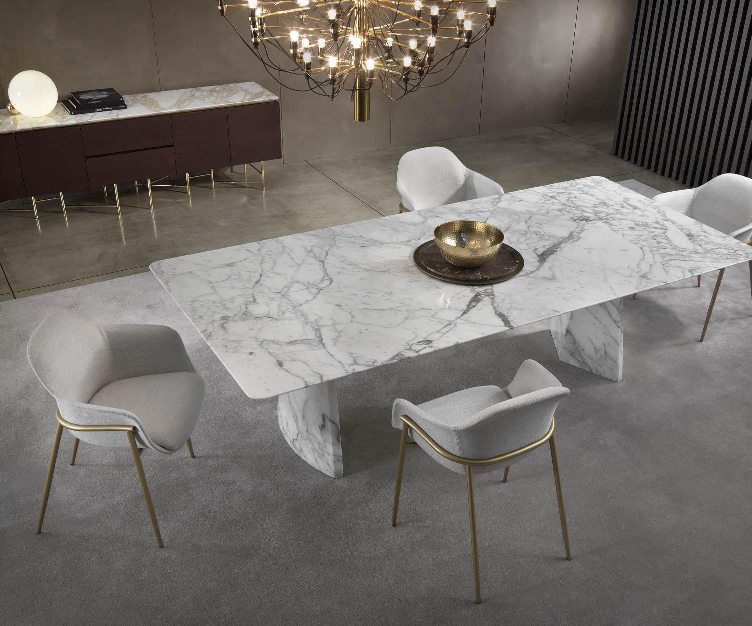 Table de salle à manger design noble en marbre Vue panoramique dans la salle à manger blanche Arabescato