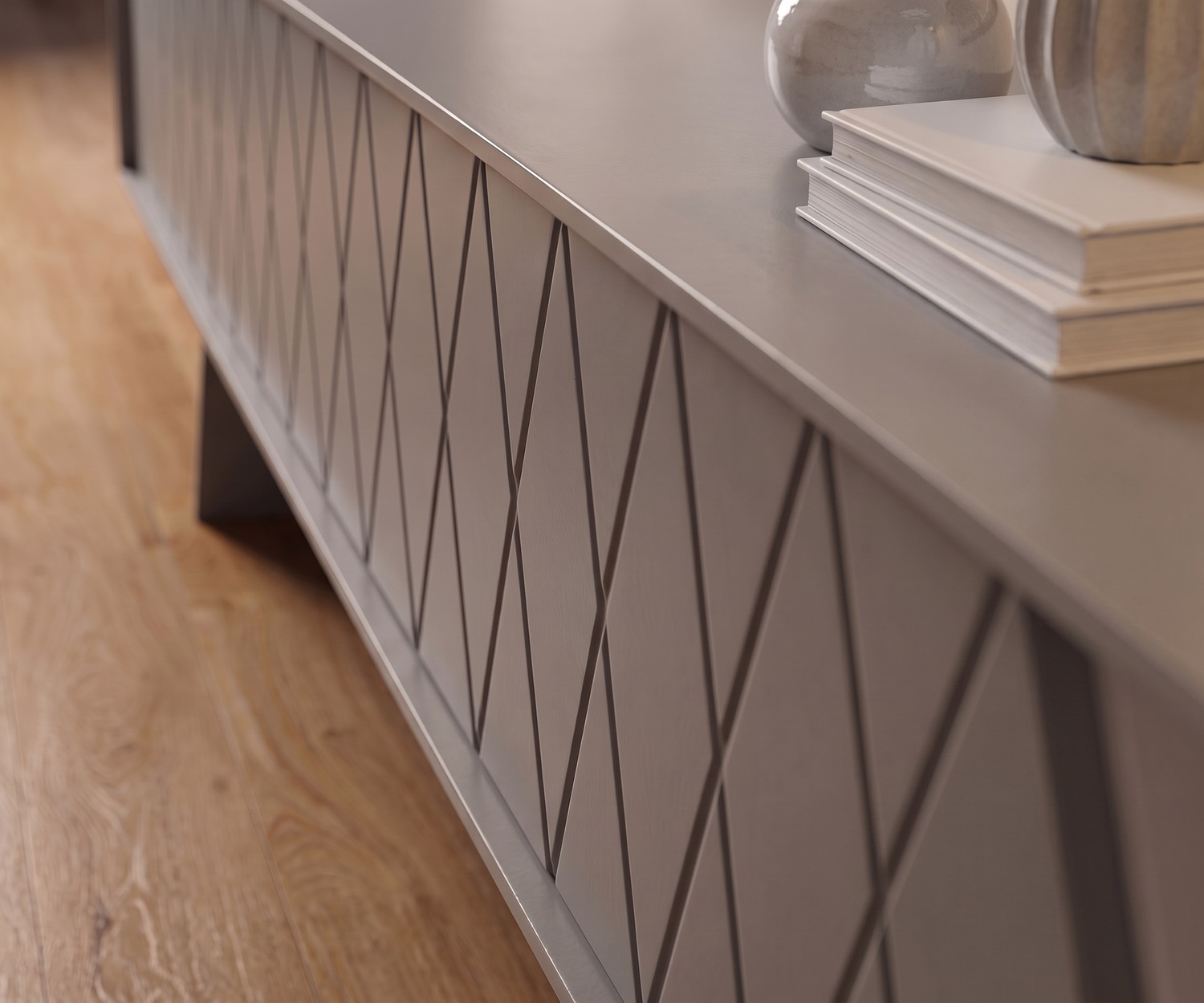 Meuble TV bas al2 e-klipse 008 à motif losanges Meuble TV bas al2 e-klipse 008 avec motif à losanges pour le salon, design moderne gris.