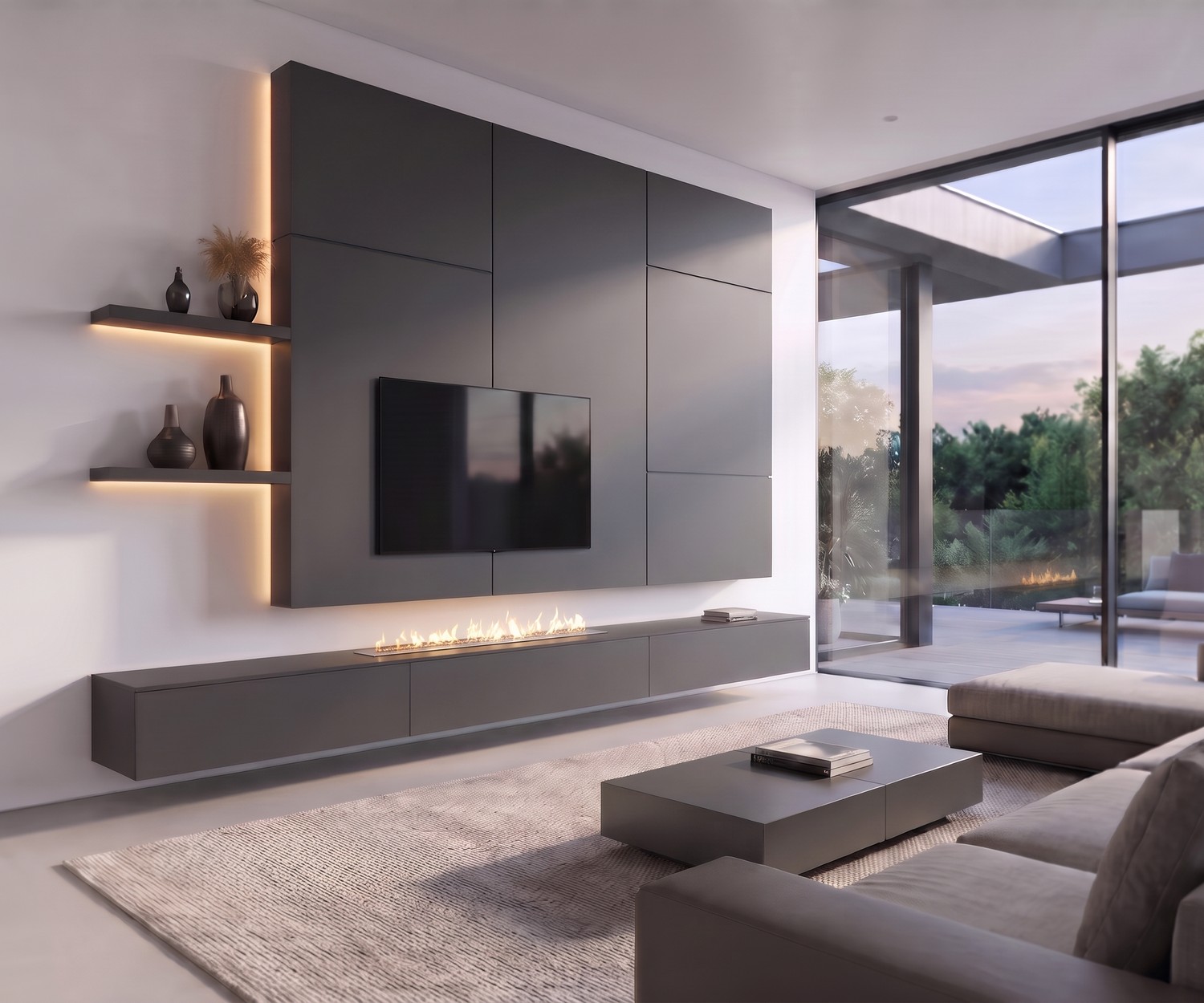 Ensemble TV mural Livitalia C102 avec cheminée: Meuble suspendu gris anthracite et étagères LED pour salon moderne.