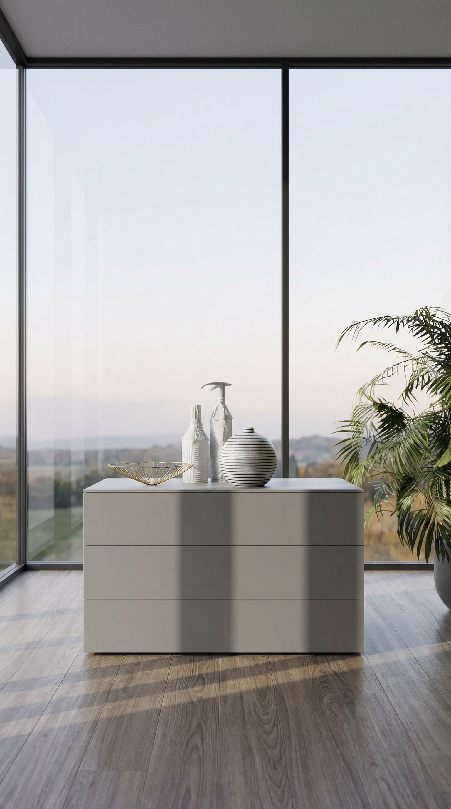 Commode ultramoderne avec tiroirs laqu&eacute;s mats et une surface velout&eacute;e et r&eacute;sistante aux rayures