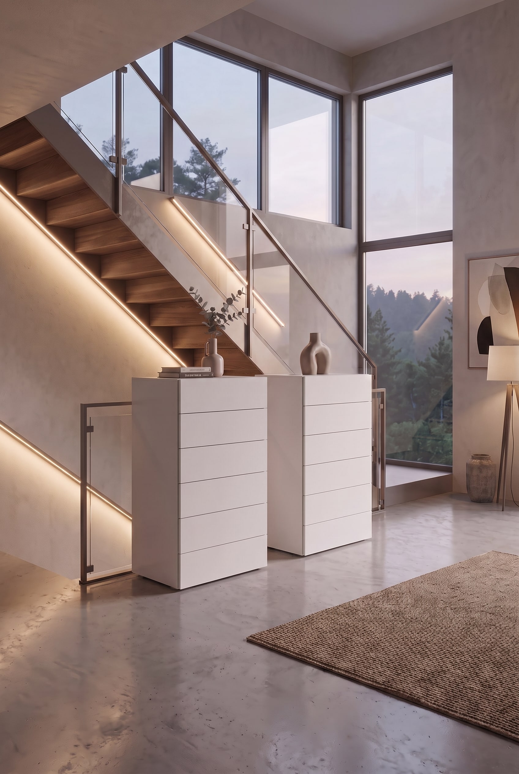 Deux commodes hautes blanches sous un escalier en bois moderne avec garde-corps en verre et &eacute;clairage indirect.