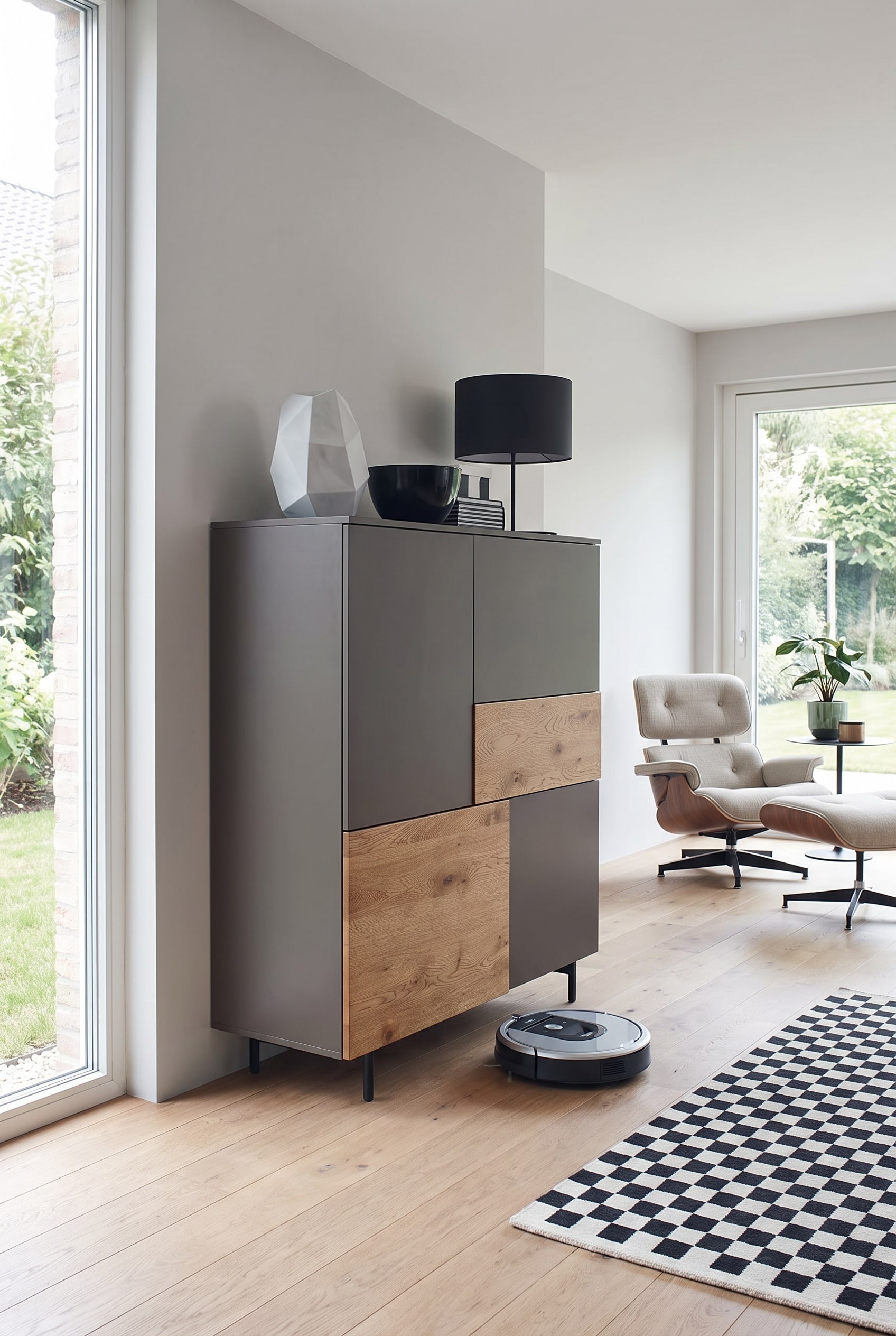 Un highboard moderne se trouve dans un salon rangé avec un sol entièrement sans câbles, sur lequel un robot aspirateur nettoie sans être dérangé.
