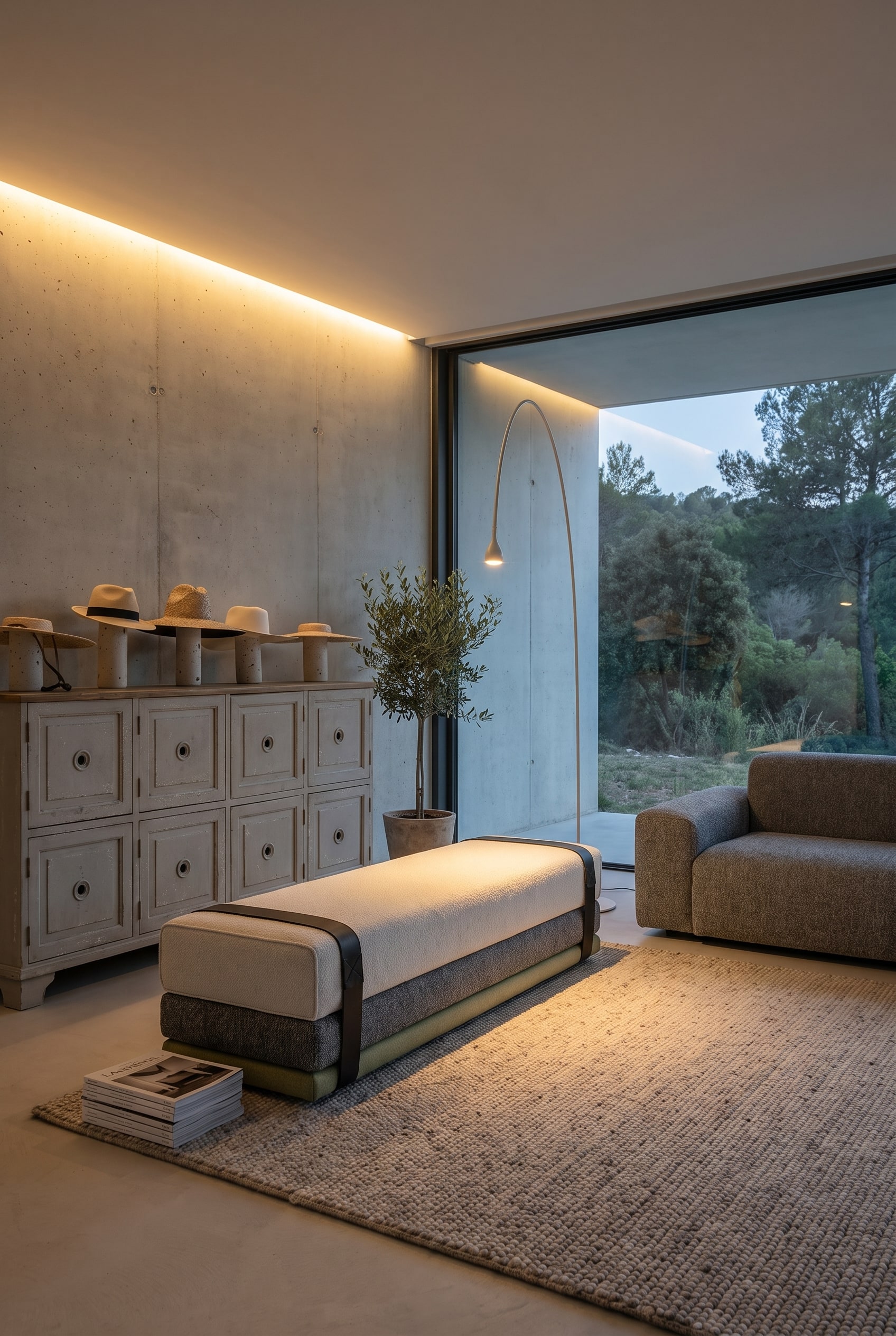 Coin lecture pr&egrave;s de la fen&ecirc;tre avec une banquette rembourr&eacute;e compacte qui se d&eacute;plie en un couchage bas, &agrave; c&ocirc;t&eacute; d'une lampe &agrave; arc