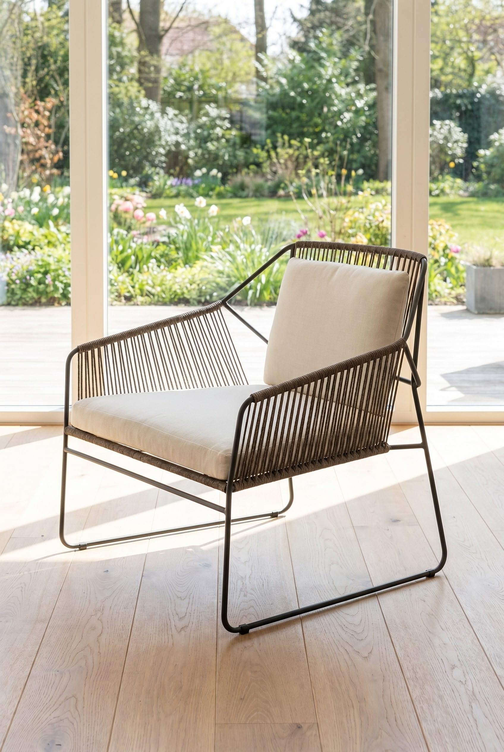 Fauteuil design tissé à la main en acier inoxydable et corde, vu en perspective oblique Fauteuil design tissé à la main en acier inoxydable et corde, vu en perspective oblique