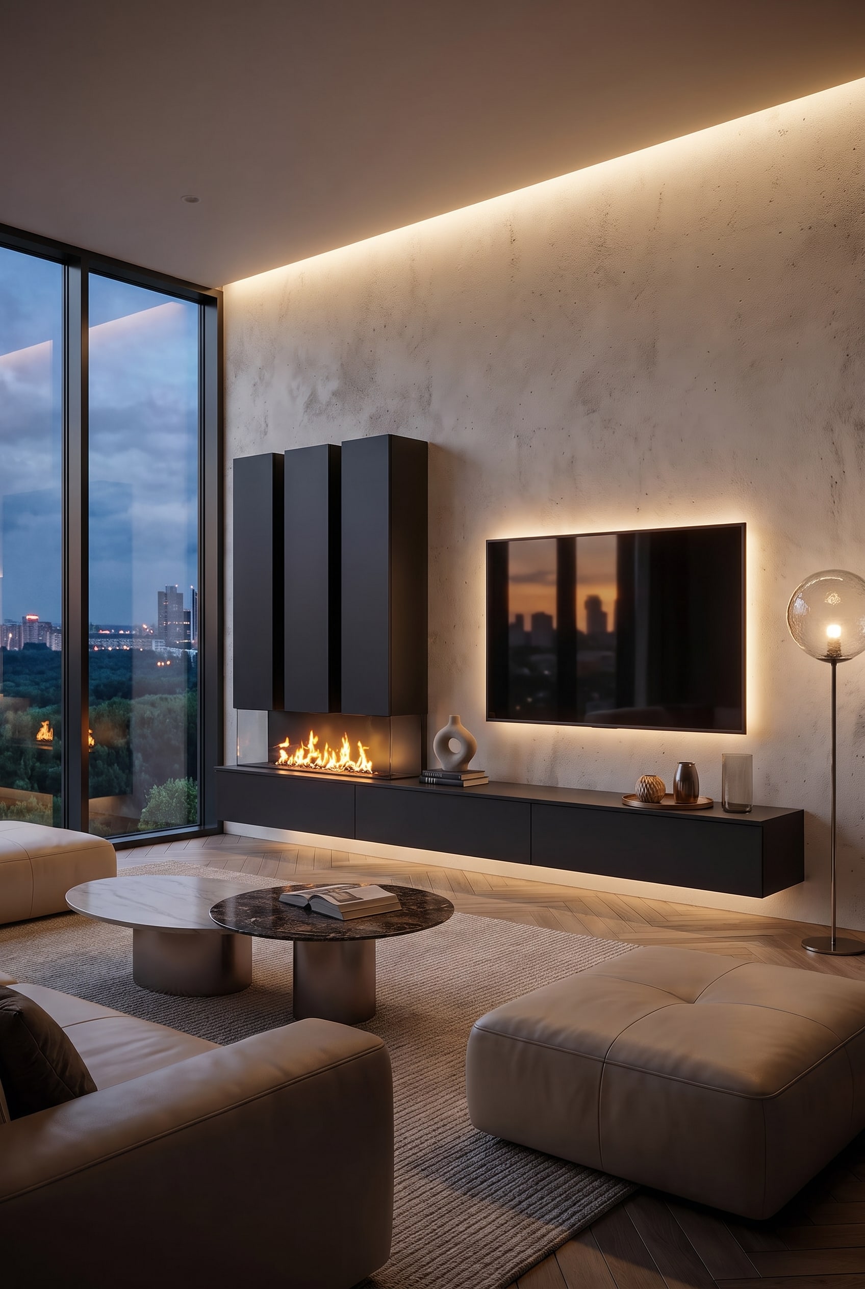 Salon élégant avec un meuble TV noir mat profond, une télévision invisible et un feu de cheminée lumineux