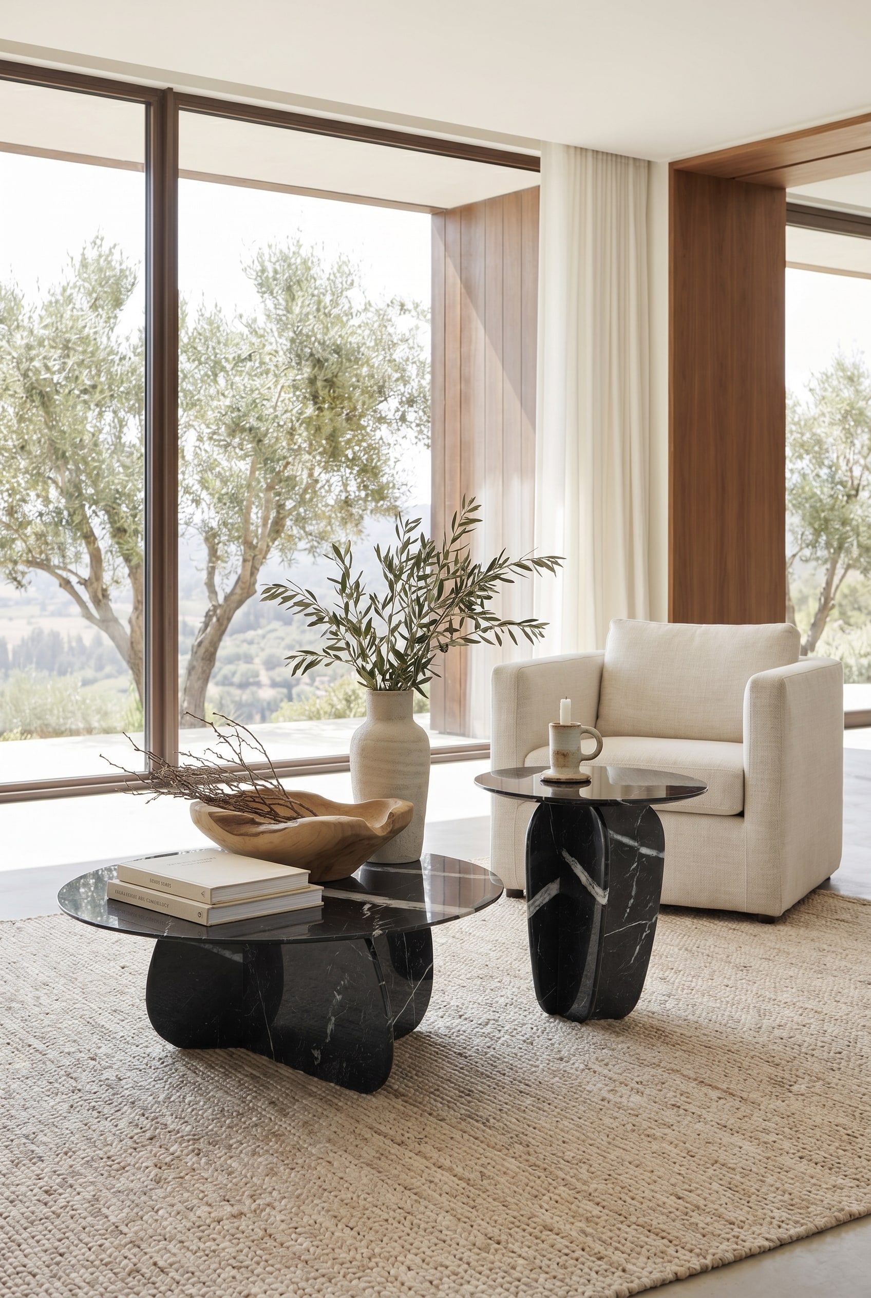 Punt Couchtisch Coral avec pi&egrave;tement en bois et plateau en marbre fonc&eacute; dans un salon baign&eacute; de lumi&egrave;re