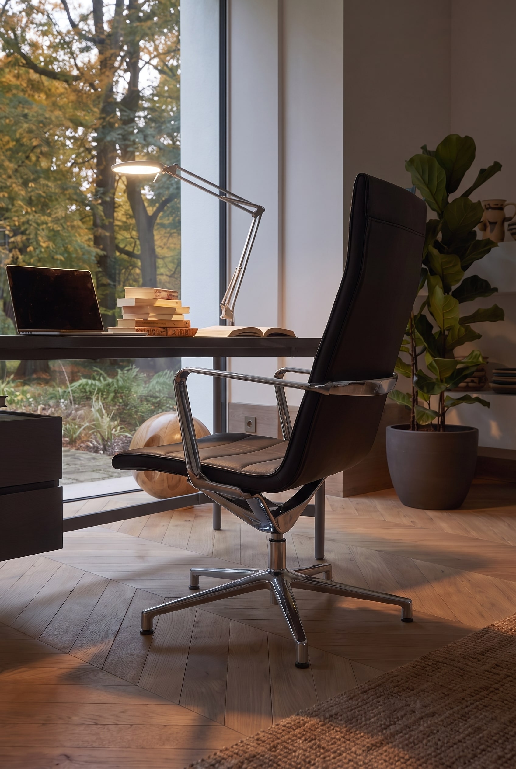 Eleganter ICF Valea Lounge B&uuml;rostuhl mit schlanker Ledersitzschale und Aluminiumstruktur an einem modernen Schreibtisch