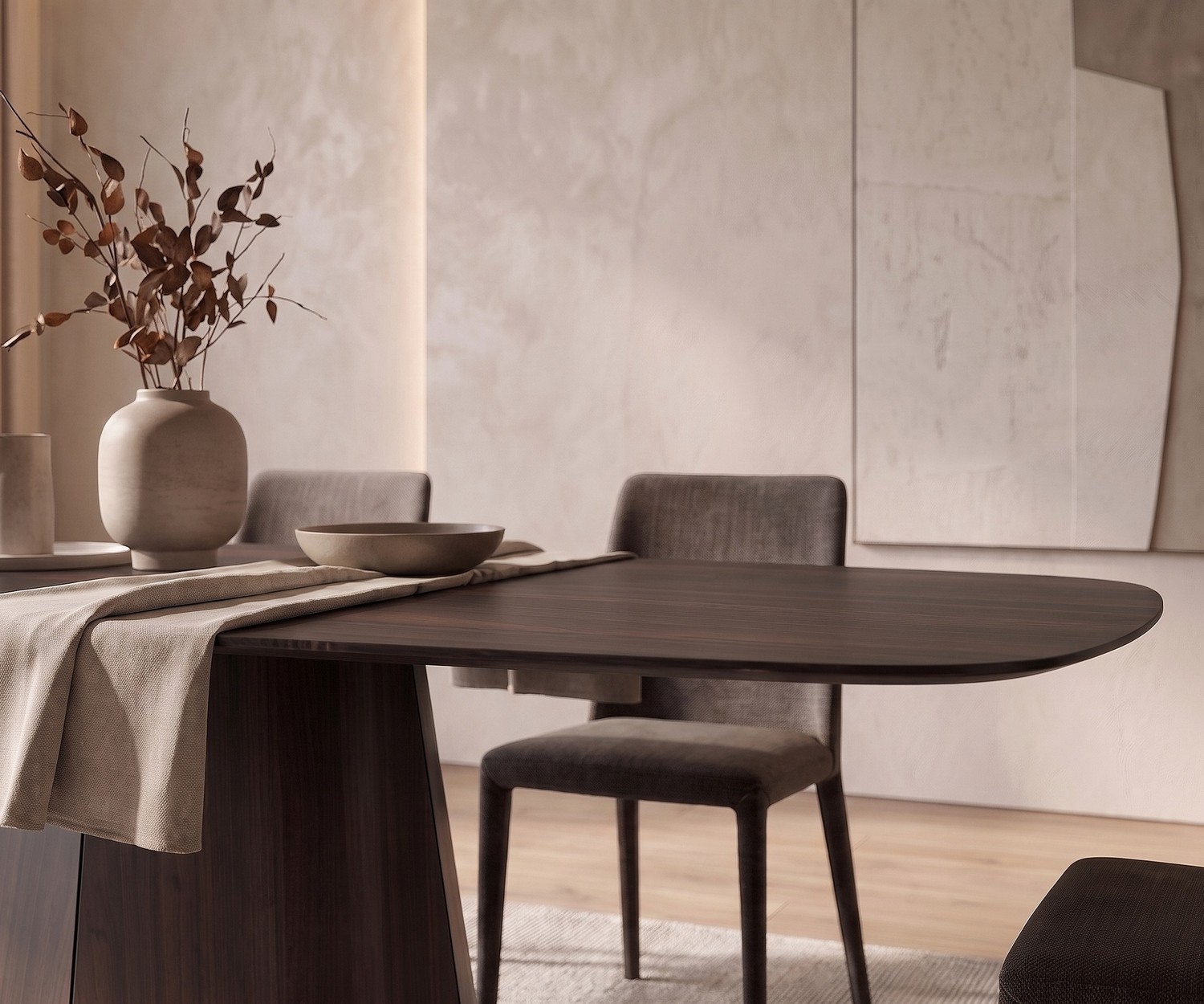 Ovaler Design Esstisch al2 tessera 001 Esstisch al2 tessera 001 für das Esszimmer aus dunklem Holz, ovaler Design-Tisch im minimalistischen, warmen Einrichtungsstil.
